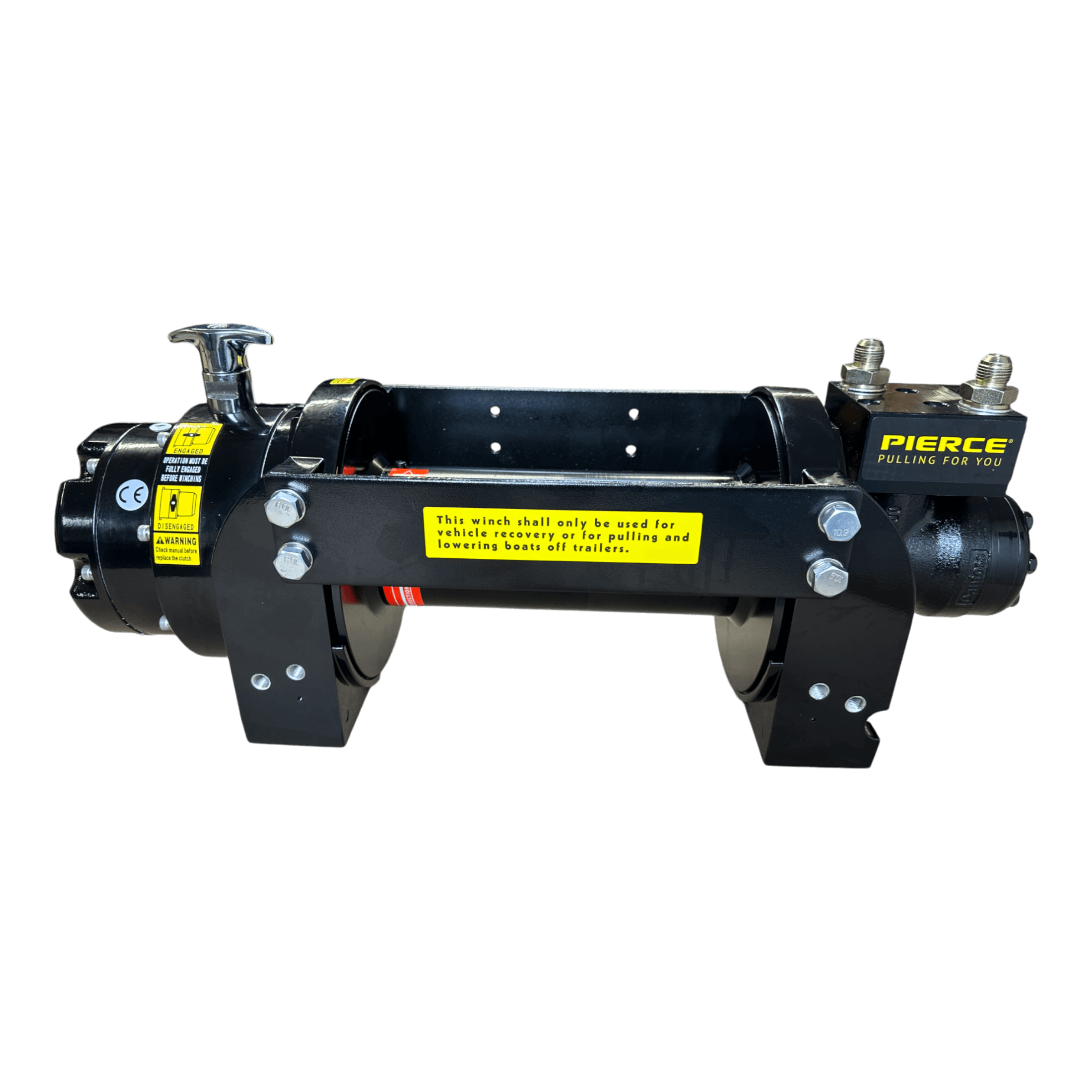 The PIERCE 10,000 lb Hydraulic Recovery Winch, in black with yellow labels, features a metal spool and an advanced planetary system designed for efficient hoisting and lifting. This model also includes a load-holding cone brake to enhance safety while maintaining optimal line speed.