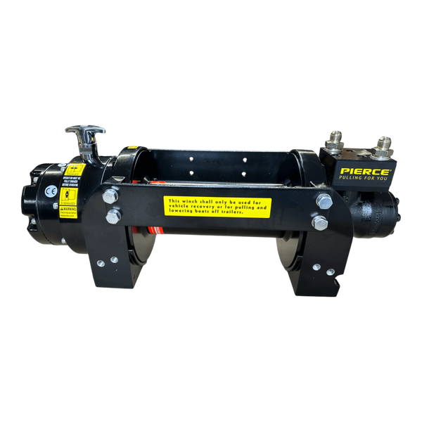The PIERCE 10,000 lb Hydraulic Recovery Winch features yellow safety labels and right-side branding, delivering dependable pulling power for towing and recovery, shown against a white background.