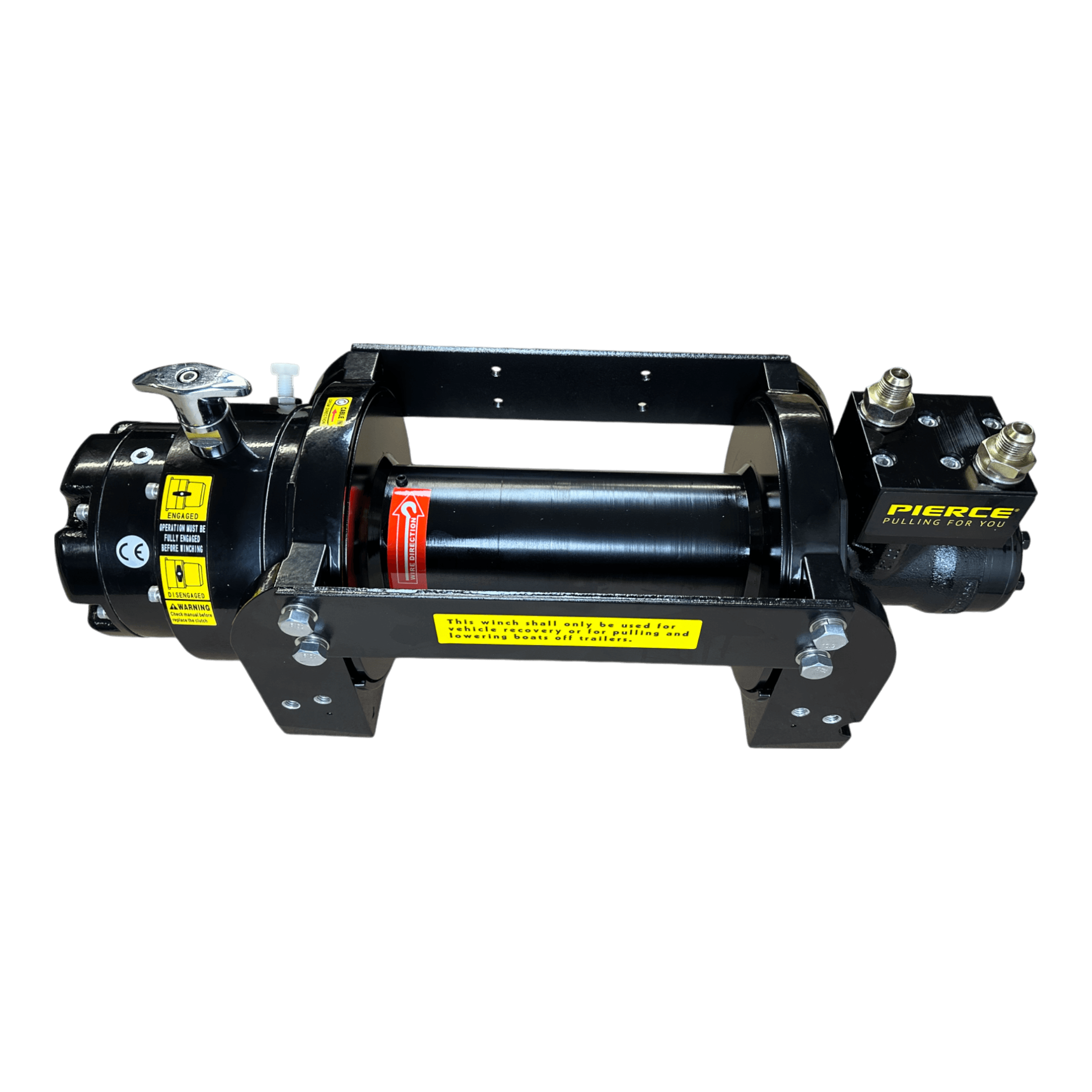 The PIERCE 10,000 lb Hydraulic Recovery Winch comes with a black frame and yellow labels, featuring a central spool and control components. This planetary winch provides precise line speed and improved safety thanks to its load holding cone brake system.