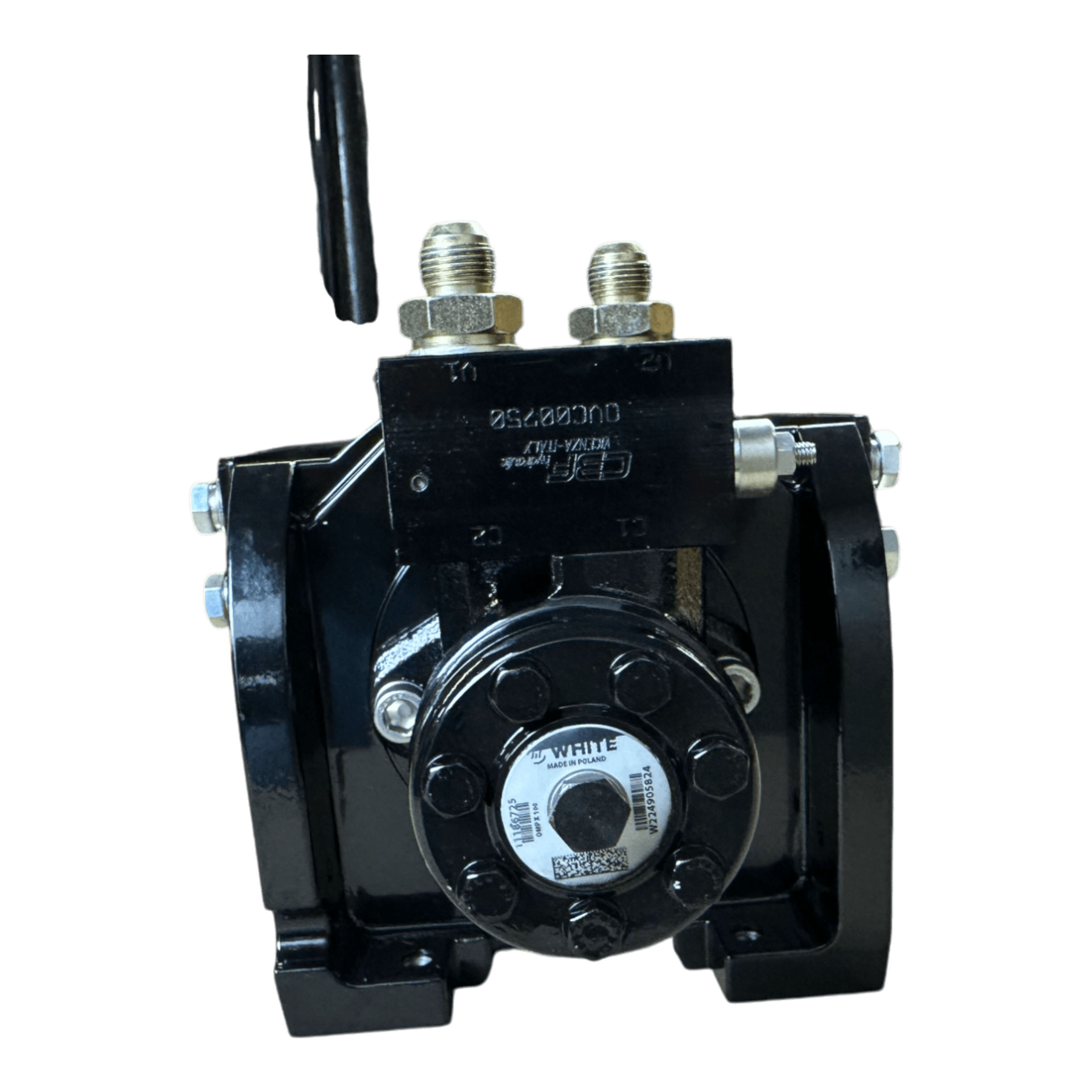 A PIERCE 10,000 lb hydraulic recovery winch, featuring bolts and attached wiring, is displayed from the front against a black background, reflecting its precision engineering akin to that of a planetary winch system.