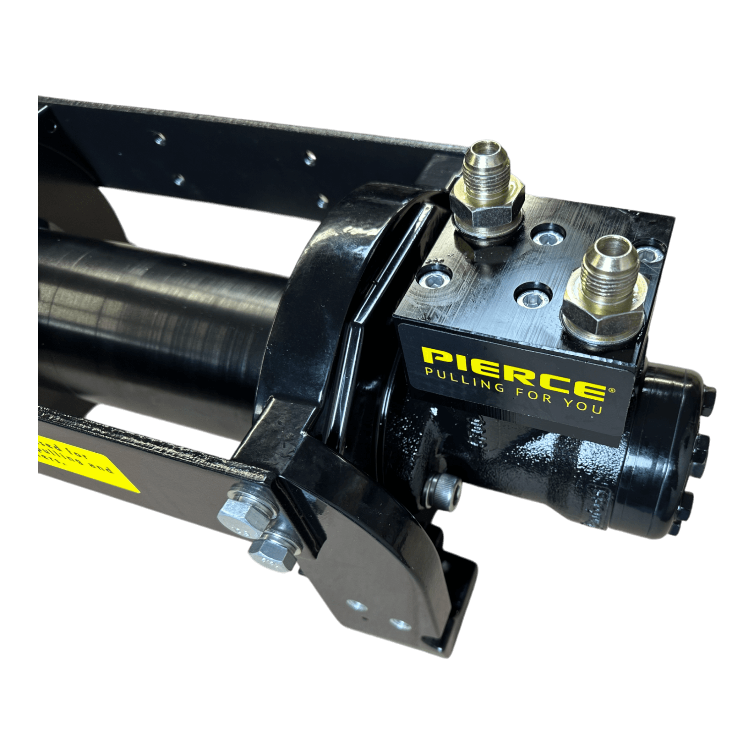 Close-up of a hydraulic component showcasing the PIERCE logo and the slogan "PULLING FOR YOU" on a black metal part, integrated with a load-holding cone brake for enhanced performance, from the 10,000 lb Hydraulic Recovery Winch.