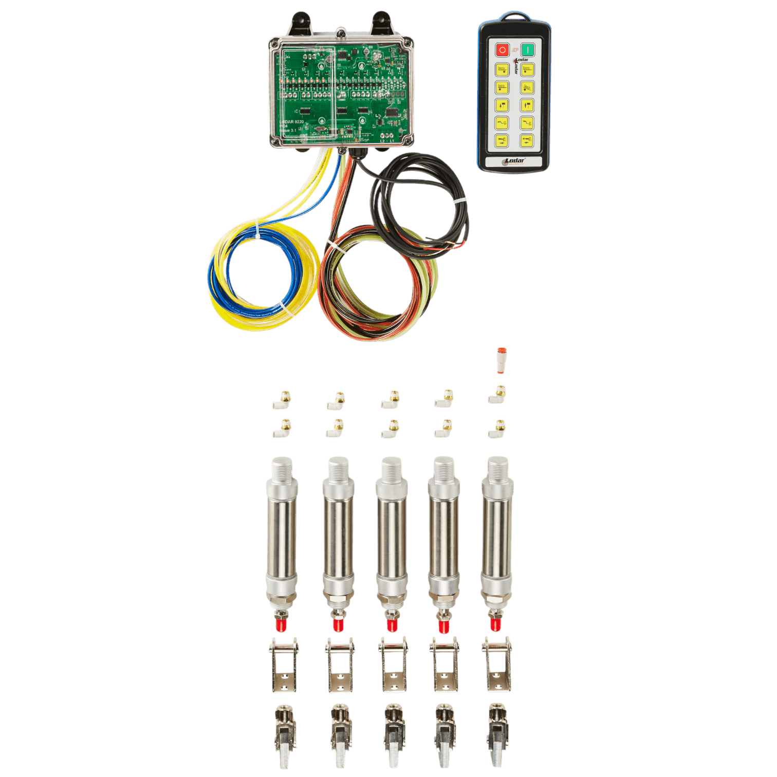 The 92 Series product from Lodar LTD, named the "10 Function IP Wireless Actuator Control System," includes automotive nitrous oxide system components with a seamless wireless air actuator. The setup comes complete with wiring, a control box equipped with remote control capabilities, and injectors on display, offering 10 functions for enhanced performance.