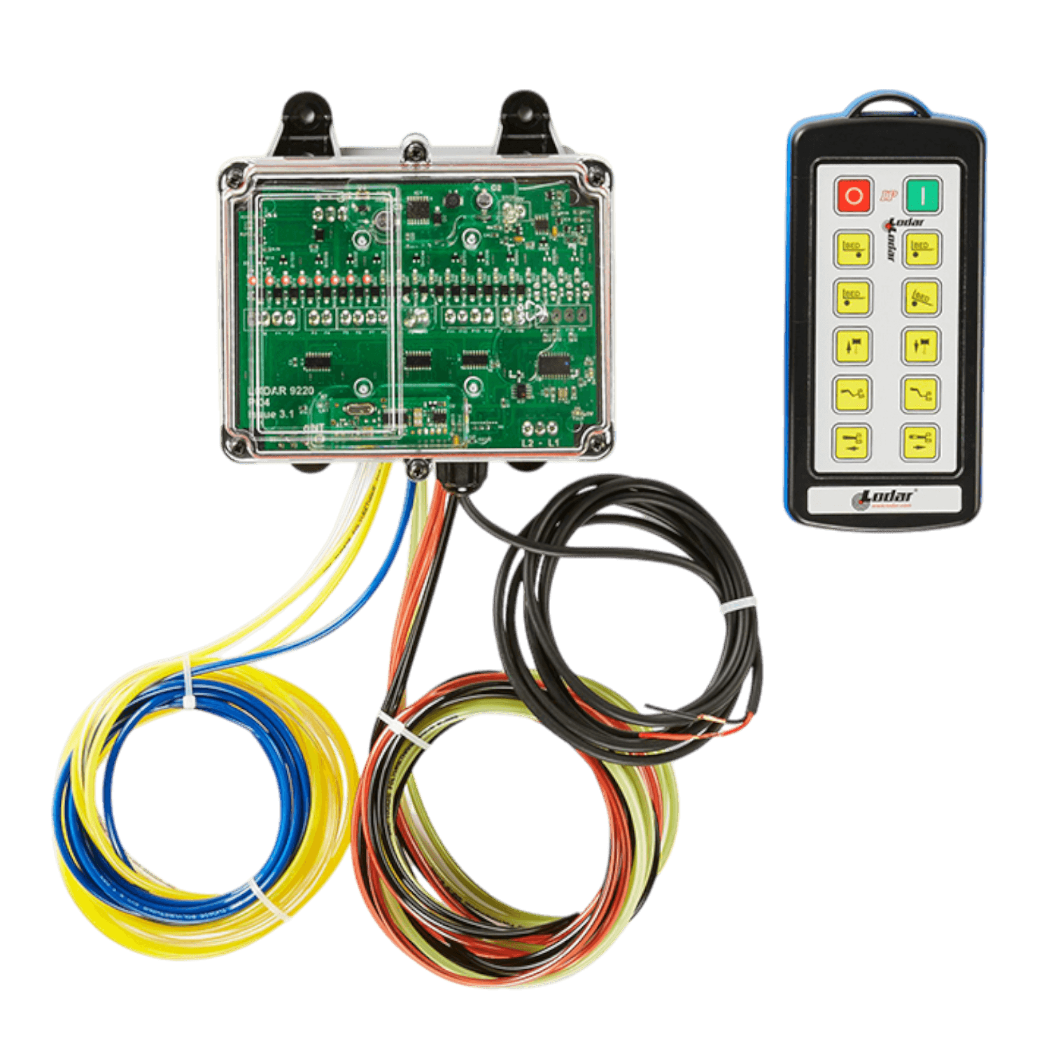 The 10 Function IP Wireless Actuator Control System from Lodar LTD, part of their 92 Series with a FET Air Receiver and no actuators, is an advanced setup equipped with an electronic circuit board connected to colorful wires. It also includes a sleek black remote control featuring distinctive yellow buttons, ensuring seamless integration for enhanced performance.