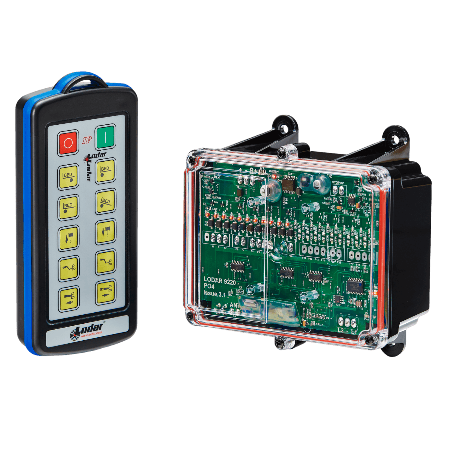 A 10 Function IP Wireless Control System from Lodar LTD's 92 Series, featuring a FET Receiver, showcases a remote control and electronic circuit board complete with buttons and components. This system is designed for solenoid-operated equipment and is isolated on a black background, making it perfect for industrial wireless control applications.