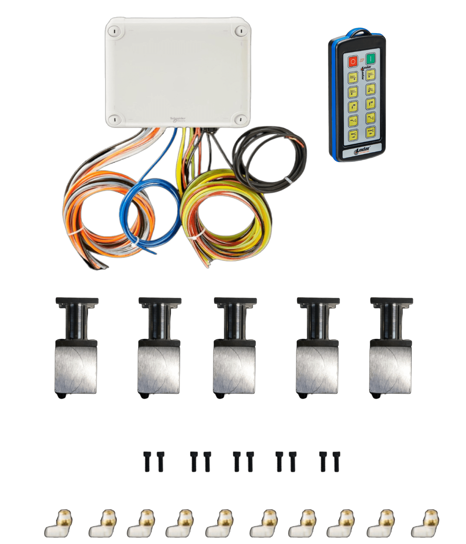 The PIERCE 10 Function Direct Mount Wireless Air System for Jerr-Dan (Husco Valves) includes remote control, connectors, sensors, screws, and bolt-on actuators for seamless integration.