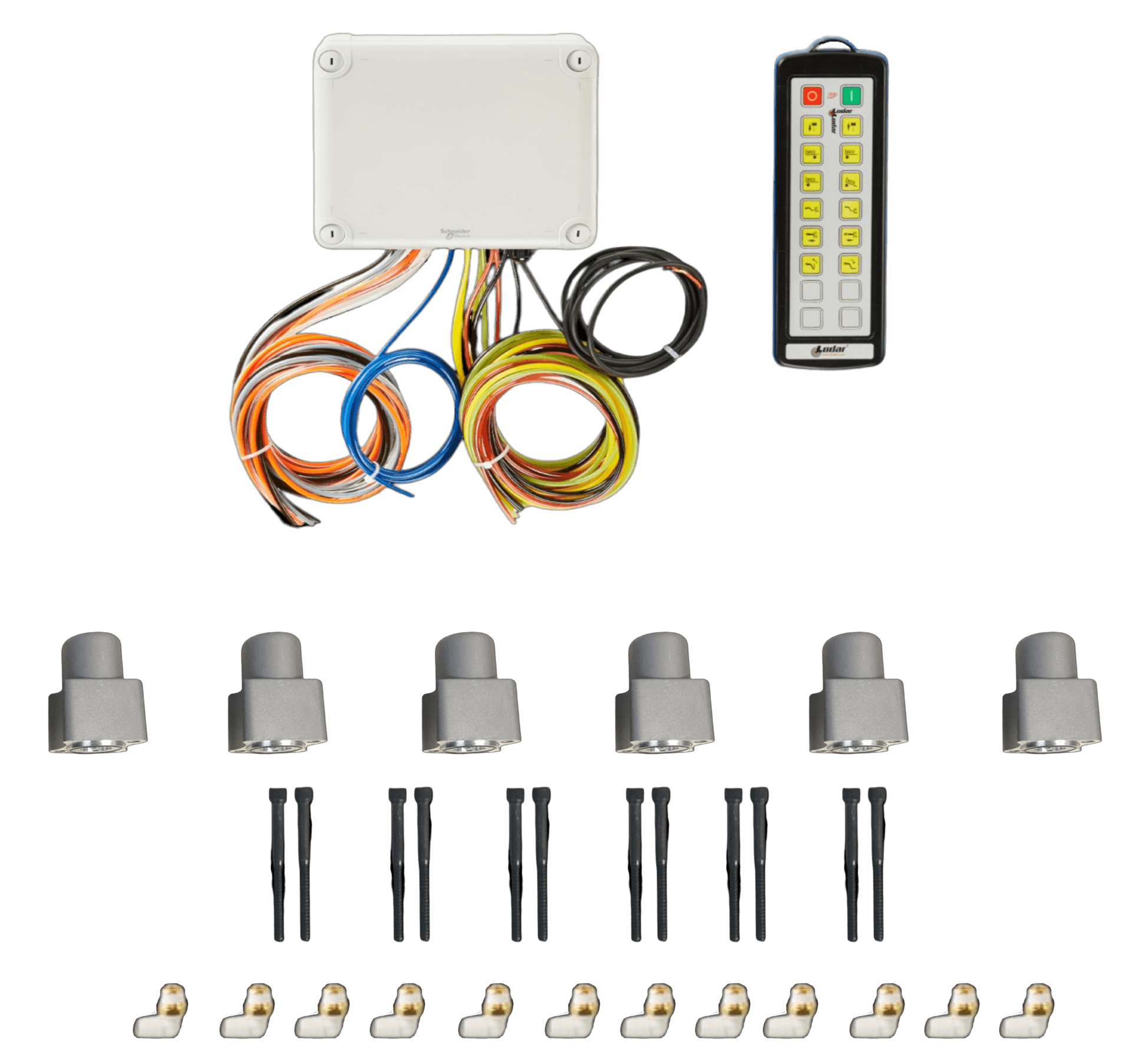 The PIERCE 12 Function Wireless Air System with Bolt on Actuator, ideal for wrecker operations, features a control box, remote, connectors, and multiple gray sensors arranged in a row.