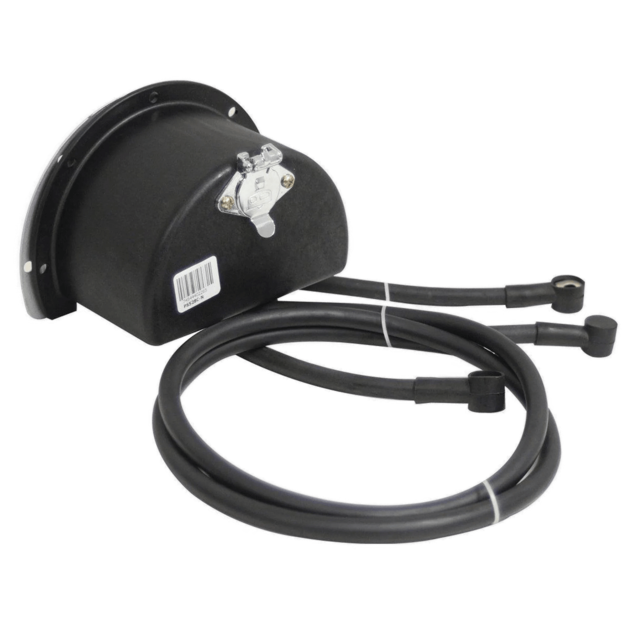 Compact black boat fuel vent featuring two long hoses and a metal cap with easy installation. The 12V Round Compact Solenoid Assembly by PIERCE is pre-wired for maritime enthusiasts.
