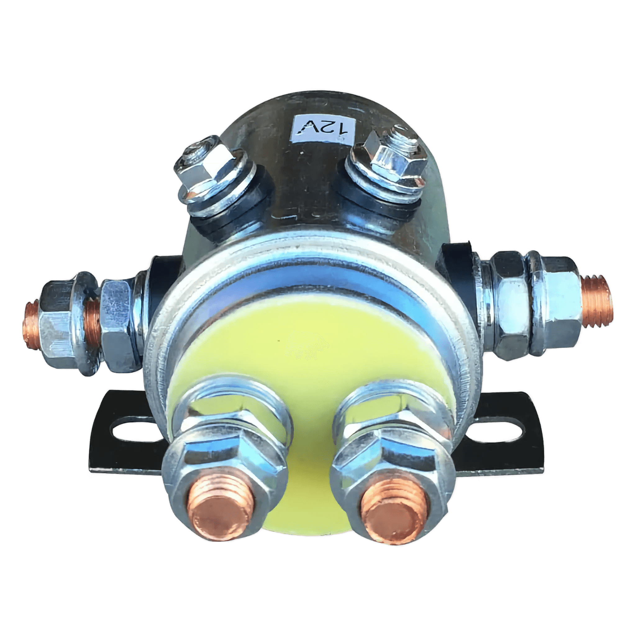 The PIERCE 12V Winch Solenoid with Grounding Screw is a durable, efficient cylindrical metal component featuring silver contacts, bolts, and connectors. Perfect for enhancing your PS654 winch setup.