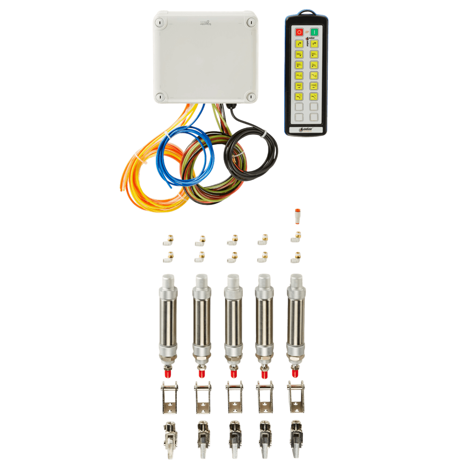 The Lodar LTD 12 Function IP Wireless Actuator Control System from the 92 Series features an electronic control kit complete with wires, connectors, and cylindrical sensors set against a black background. Its advanced design integrates seamlessly with the FET Air Receiver for efficient operation.