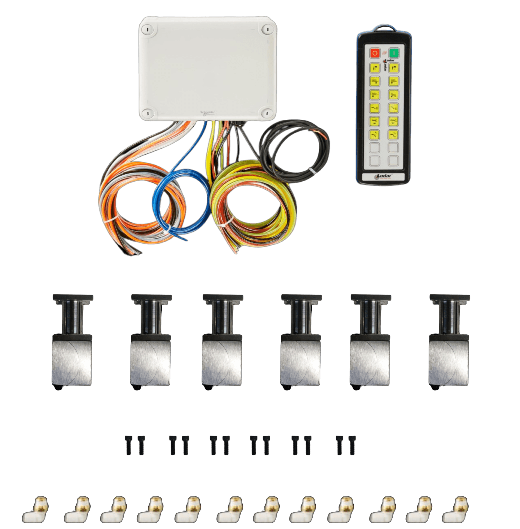 The PIERCE 12 Function Direct Mount Wireless Air System for Jerr-Dan (Husco Valves) includes wires, control box, six actuators, screws, and connectors. Perfect for use with a wireless air system setup.
