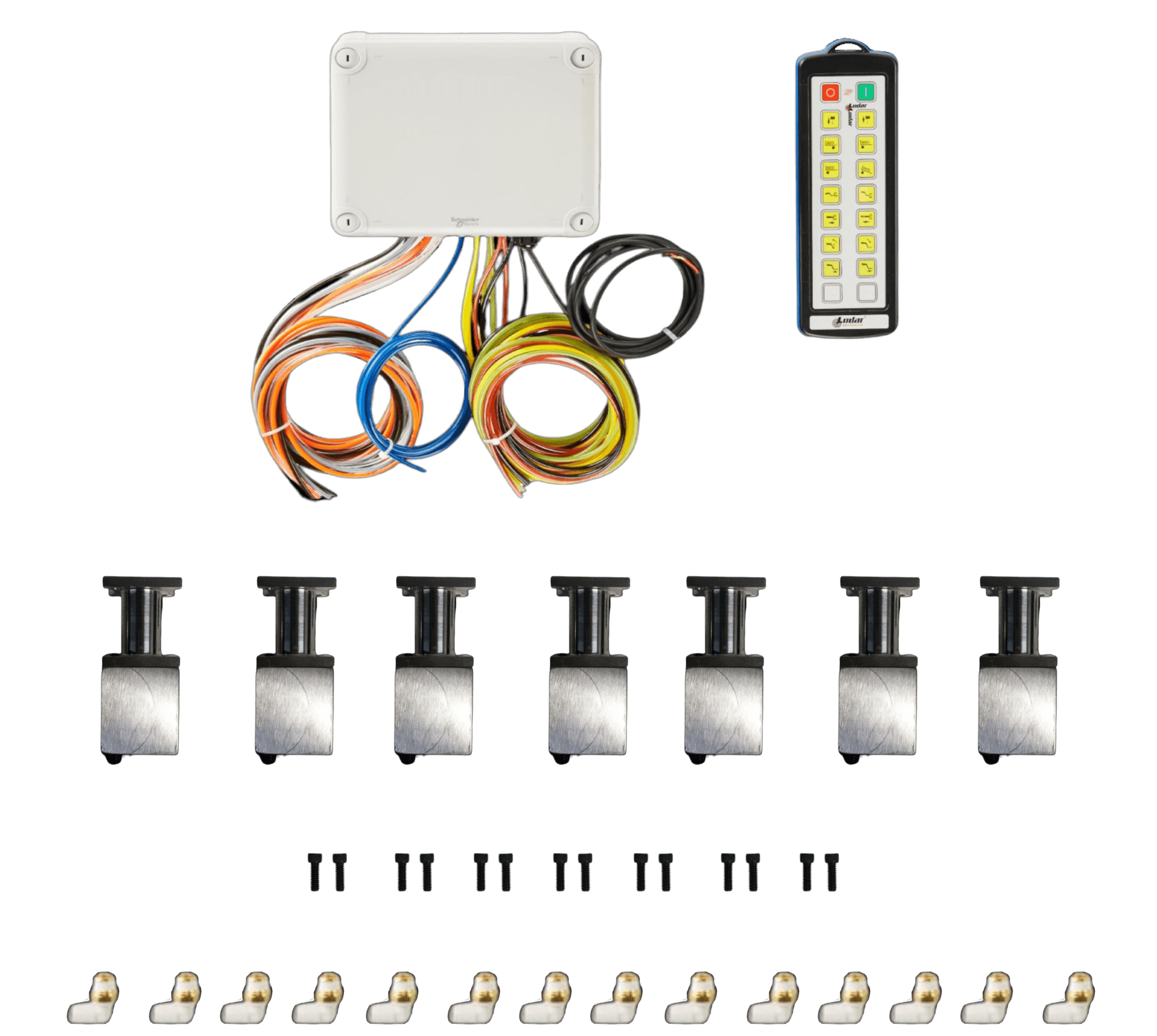 PIERCE 14 Function Direct Mount Wireless Air System – Jerr-Dan (Husco Valves) kit shown: electronic control box, remote, eight metal latches, screws, and connectors on white—made for easy integration.