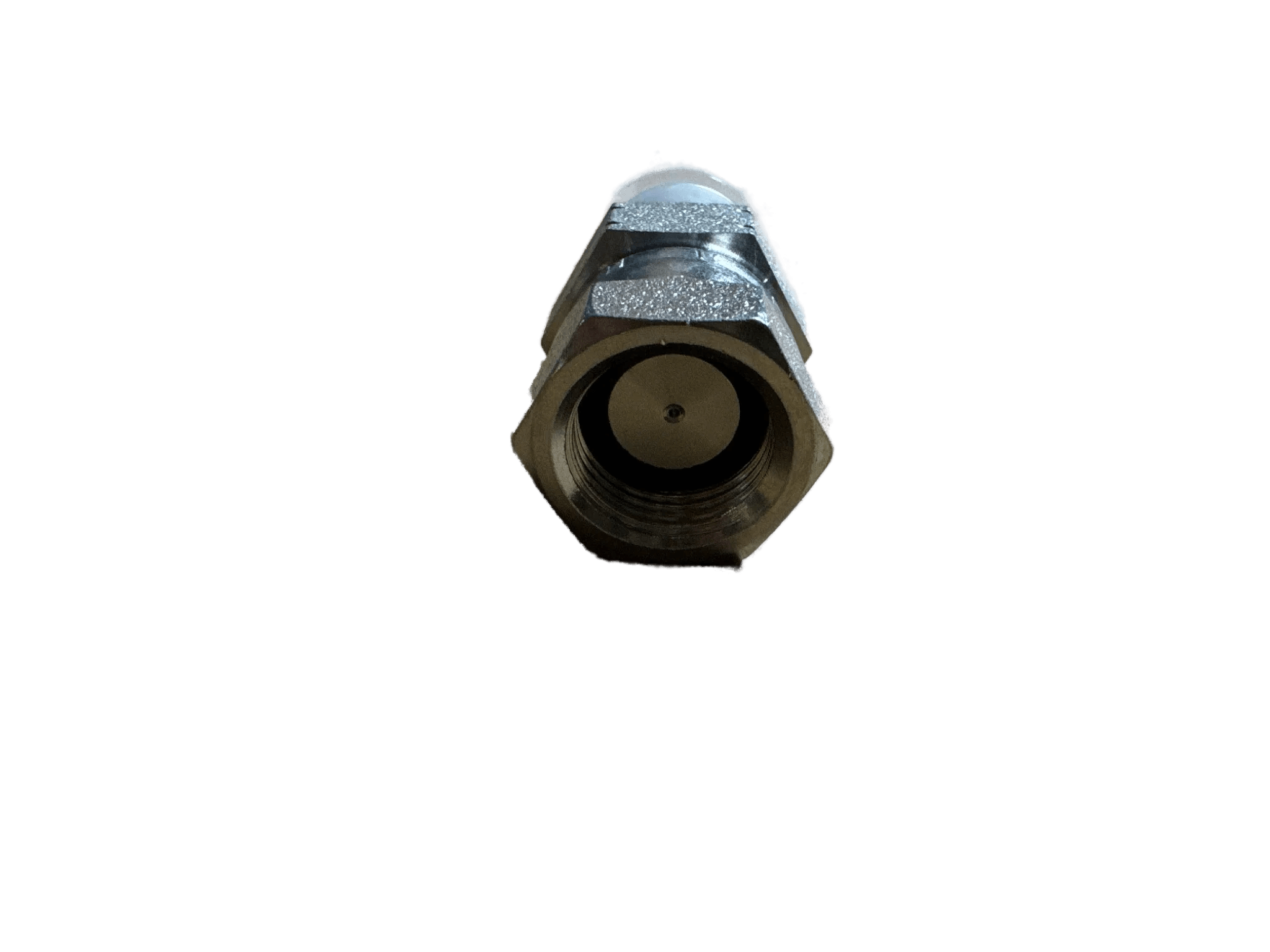 Close-up of a PIERCE Hydraulics Restrictor Fitting—Pipe Thread Swivel, Male 3/8 in x Female 3/8 in, 1/16 hole—designed to control hydraulic flow, shown against a plain grey background.