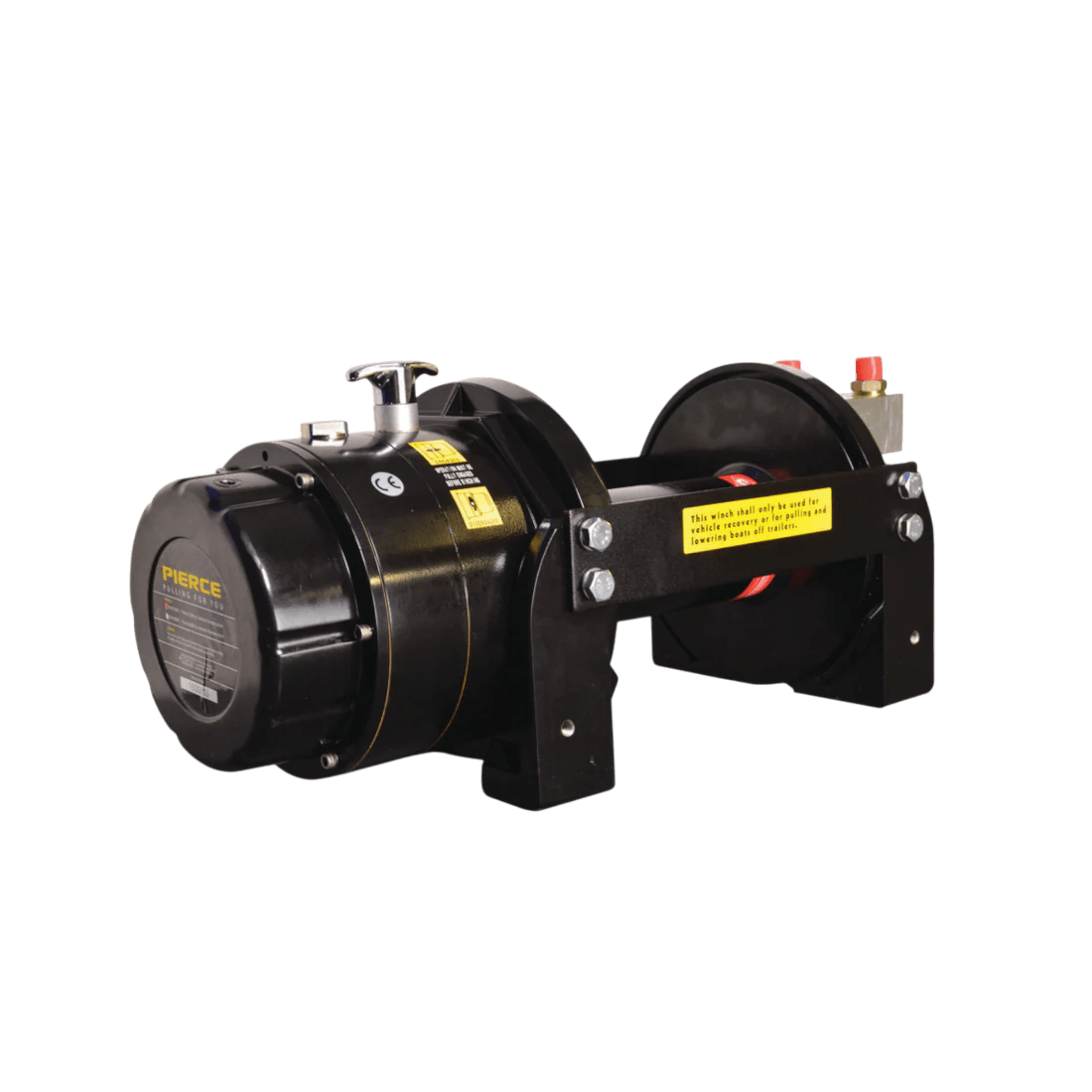 Black hydraulic recovery winch by PIERCE, capable of 15,000 lb capacity, featuring an electric planetary design with spool and handle, a load holding cone brake, all mounted on a sturdy base against a plain background.