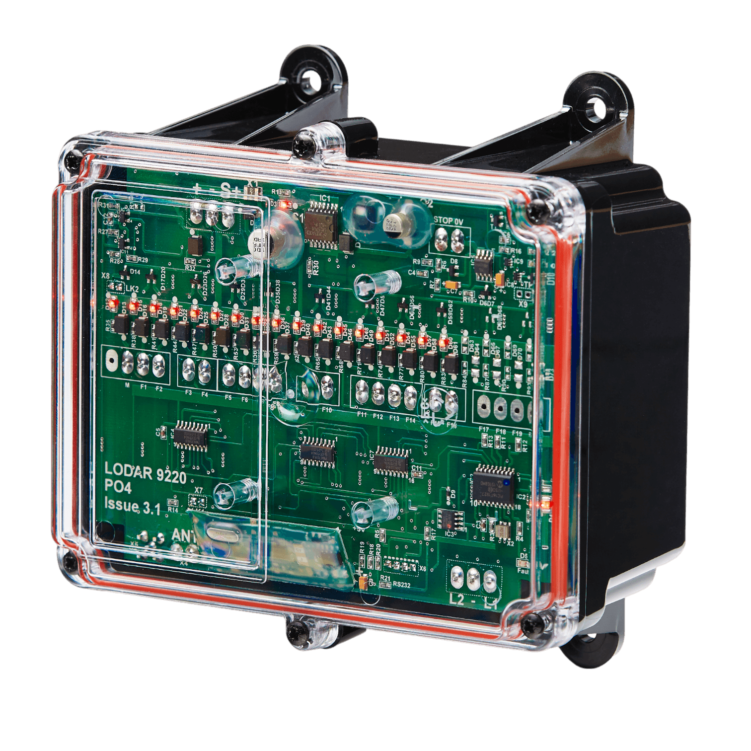 Close-up of a Lodar LTD electronic circuit board, featuring the 16 Function 12/24 Volt Lodar Replacement Receiver for the 92 Series, encased in a transparent protective cover with attached mounting brackets.