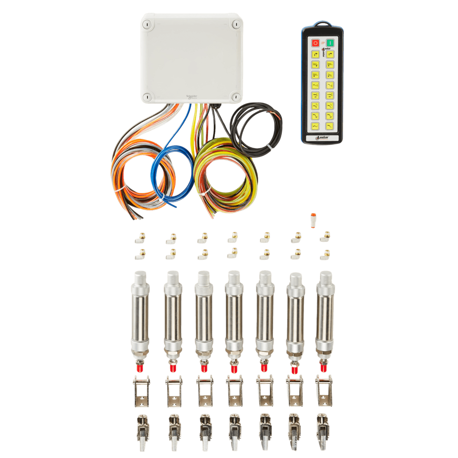 The Lodar LTD 16 Function IP Wireless Actuator Control System from the 92 Series, featuring the FET Air Receiver, is designed with an advanced electronic control system that includes various cables, sensors, and a remote. Set against a sleek black background, it ensures precise management.