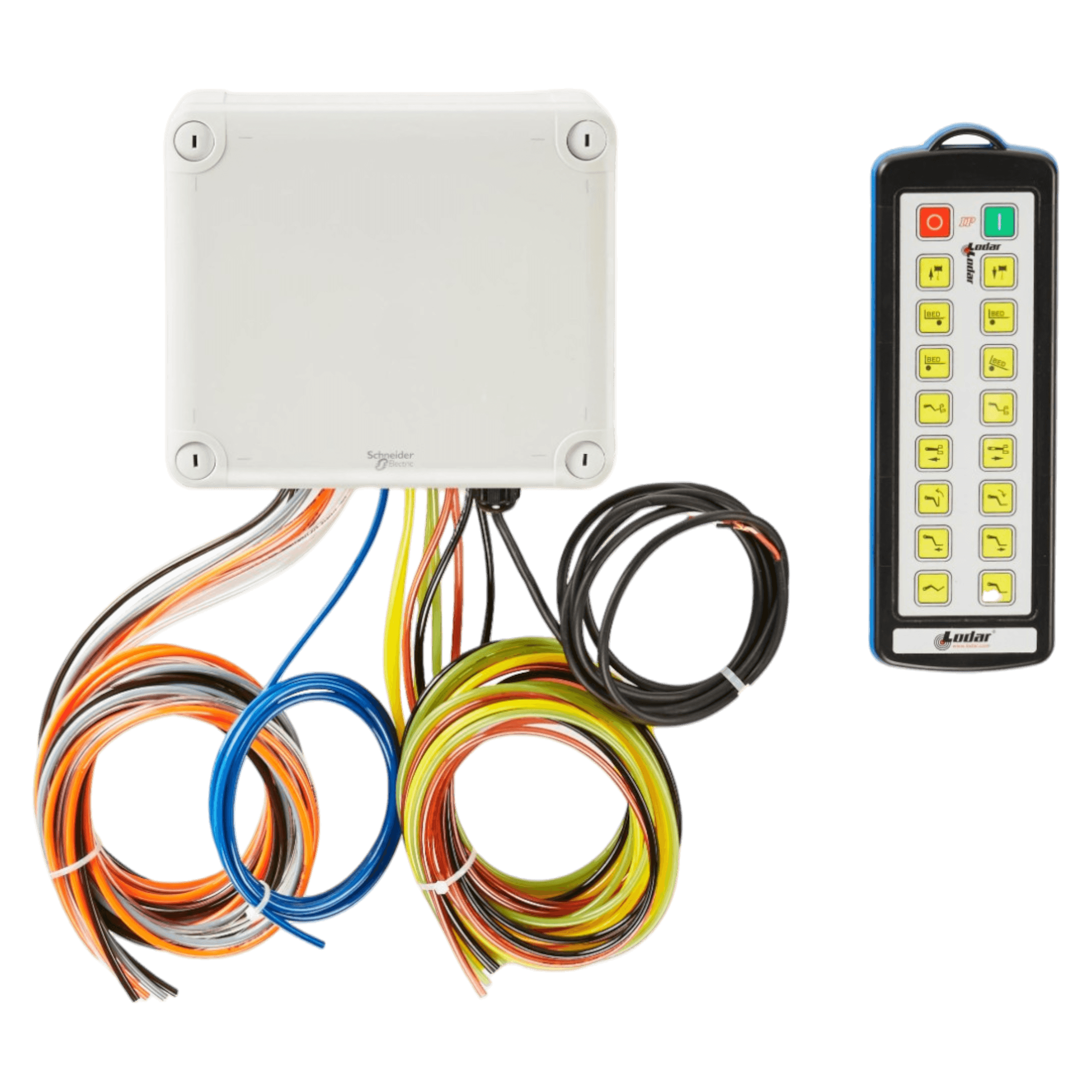A 16 Function IP Wireless Actuator Control System by Lodar LTD, known as the 92 Series FET Air Receiver, includes a control box with colorful wires and an industrial transmitter equipped with a remote featuring yellow buttons on a black background.
