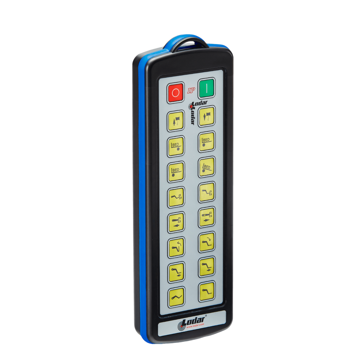 The 16 Function Lodar Replacement IP Transmitter from the 9000 Series by Lodar LTD features blue edges and multiple yellow buttons, as well as a distinctive red and green button at the top. It is a reliable backup transmitter with versatile 16-function capabilities.