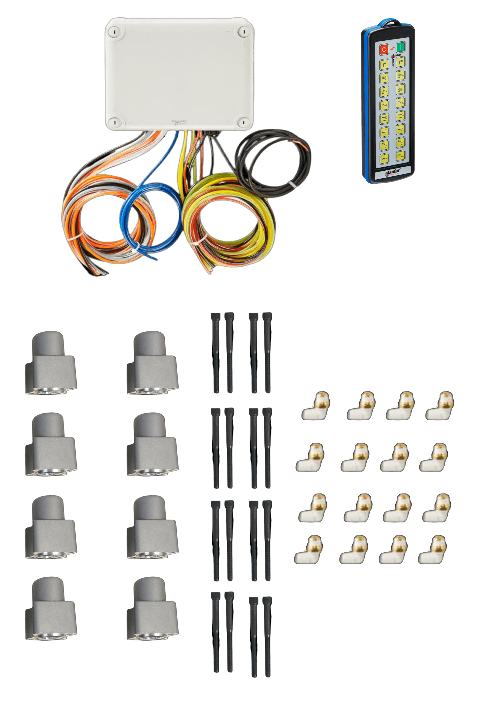PIERCE 16 Function Direct Mount Wireless Air System for Miller (Gresen Valves), includes white box, remote, wires, lights, wall anchors, and metal clips—designed for seamless wireless integration.