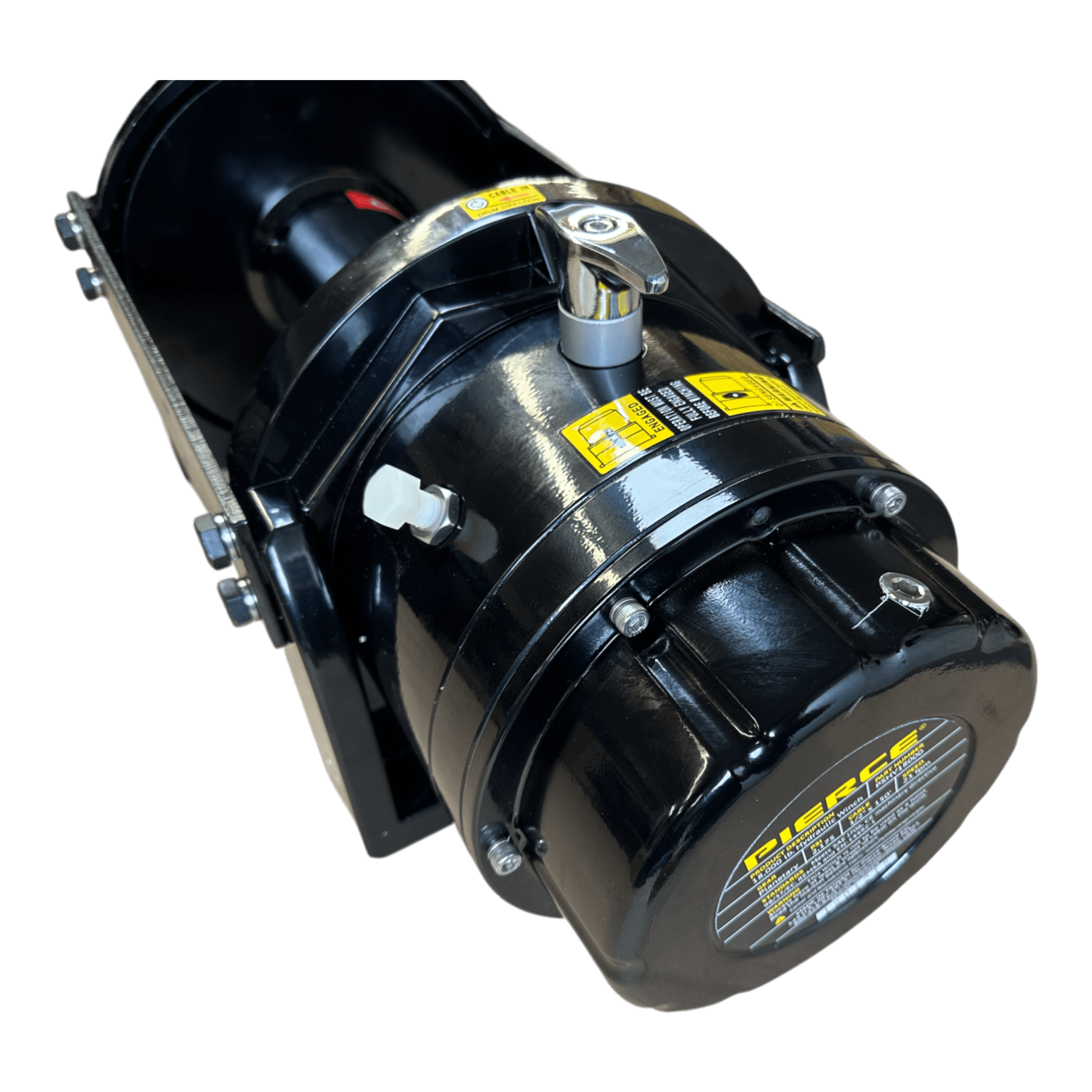 Close-up of the PIERCE 18,000 lb Hydraulic Recovery Winch in black, showcasing yellow warnings and a secure lock mechanism. Perfect for vehicle recovery, it is equipped with a load-holding cone brake to ensure maximum safety and efficiency.