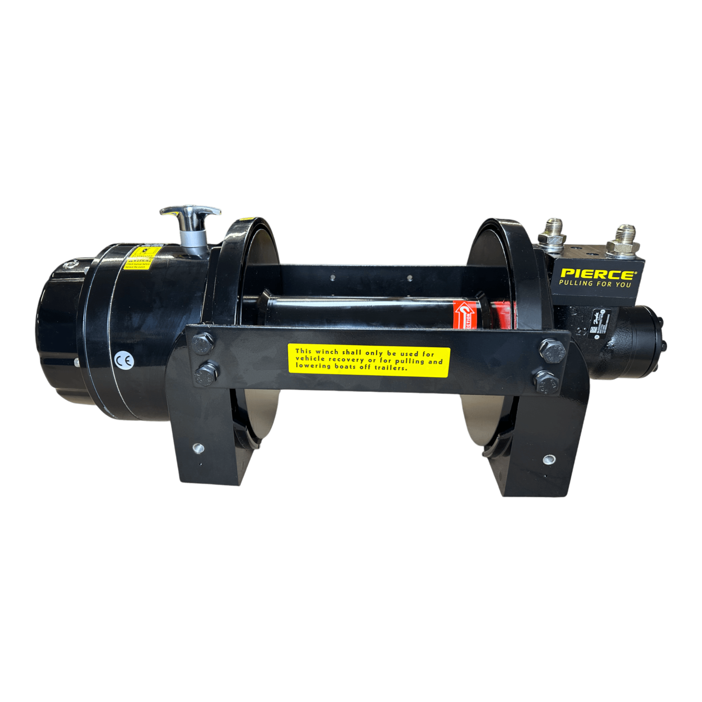 A sleek PIERCE-branded 18,000 lb Hydraulic Recovery Winch, adorned with safety warnings and isolated on a dark background, features a planetary design. This powerful winch is perfect for vehicle recovery and includes a load-holding cone brake to enhance safety and efficiency.