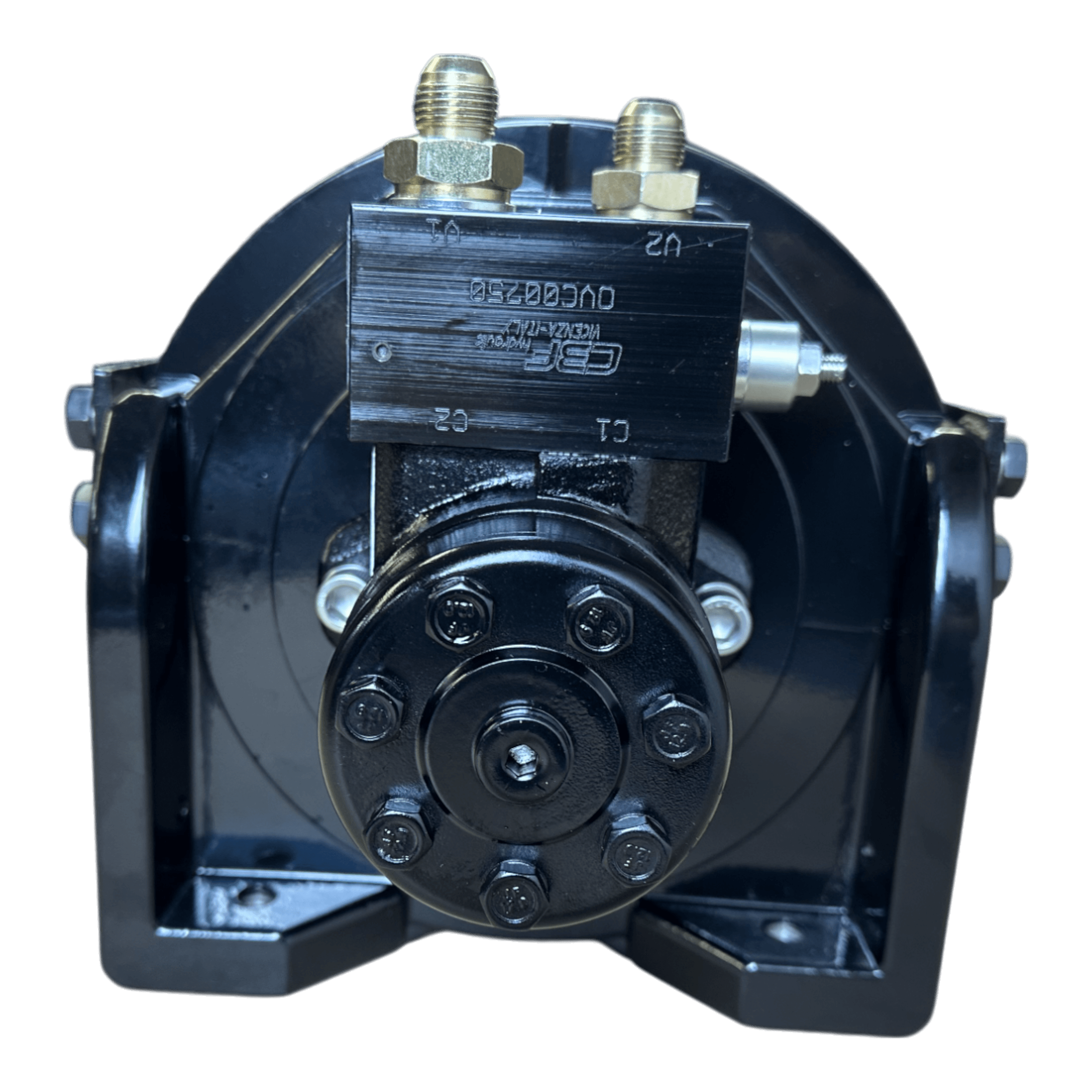 Front view of the 18,000 lb PIERCE Hydraulic Recovery Winch featuring brass connectors and a black mounting bracket, perfect for integration with a vehicle recovery system utilizing a planetary winch.