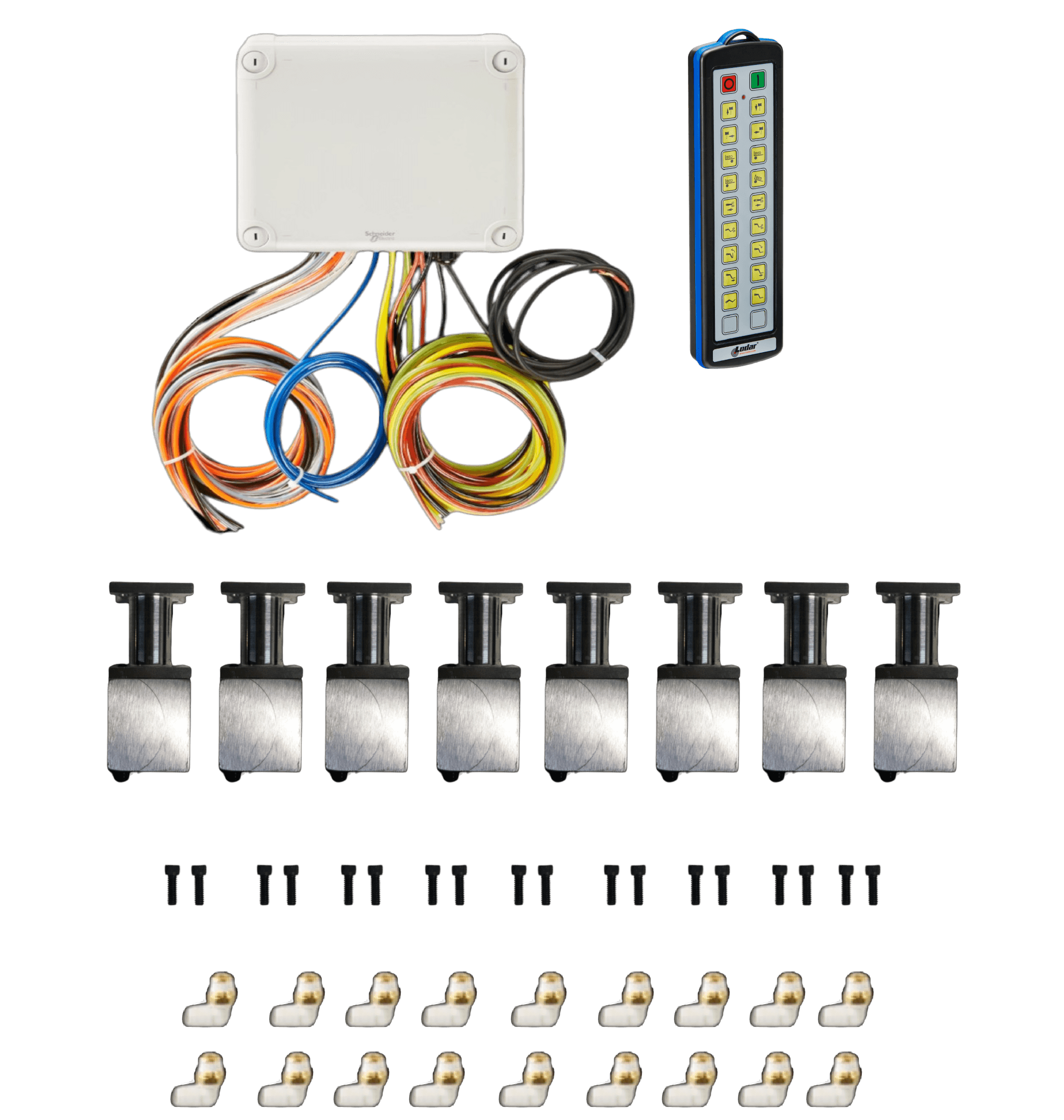 The PIERCE 18 Function Direct Mount Wireless Air System – Jerr-Dan (Husco Valves) kit includes wires, remote, connectors, fasteners, and eight rectangular metal actuators—compatible with Actuator Wireless Air System and Husco valves.