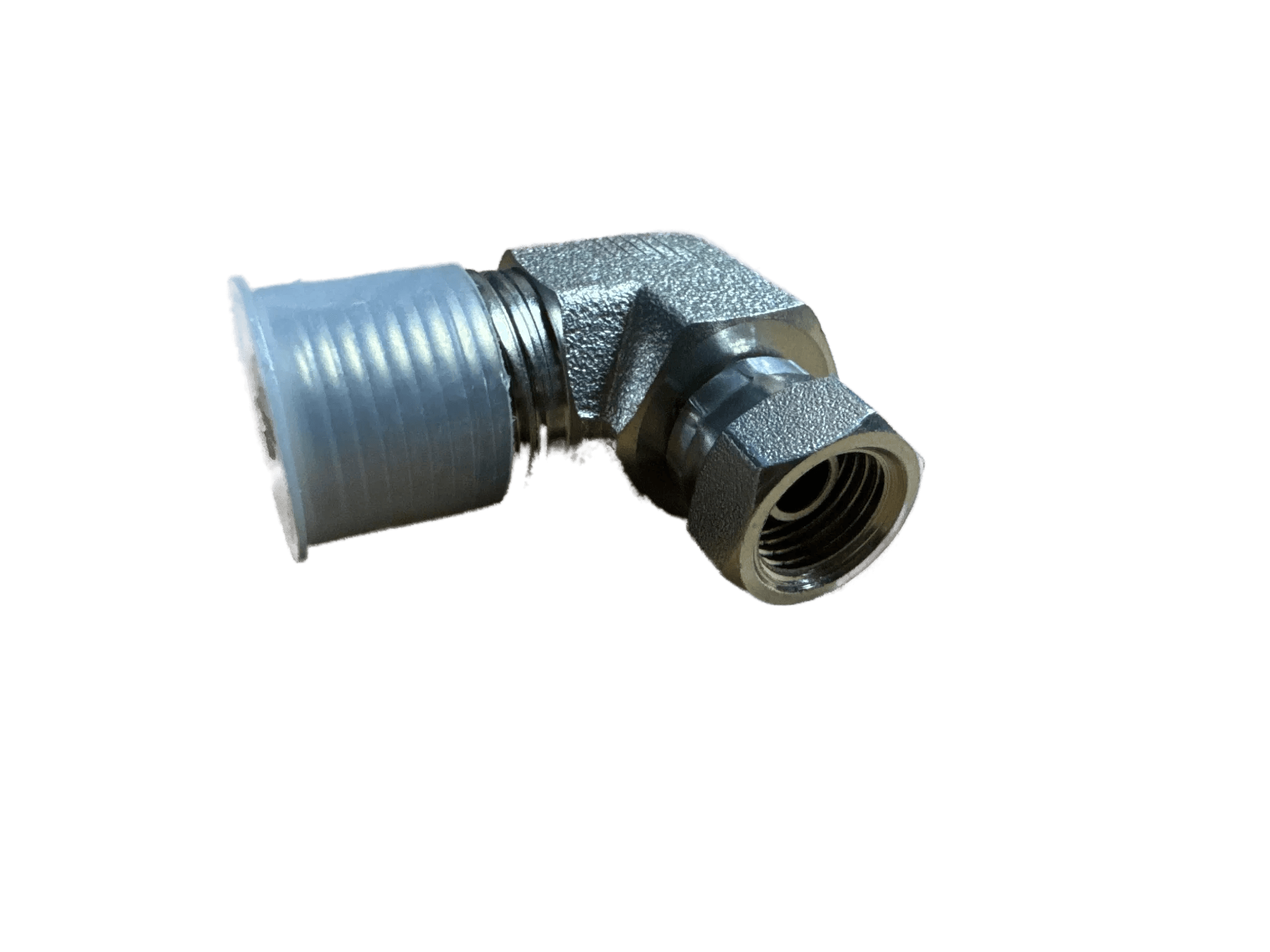 PIERCE Hydraulics Fitting, 90° elbow with pipe thread swivel; male 1/2 in x female 1/4 in connections and plastic insert for size transitions, shown on gray background.