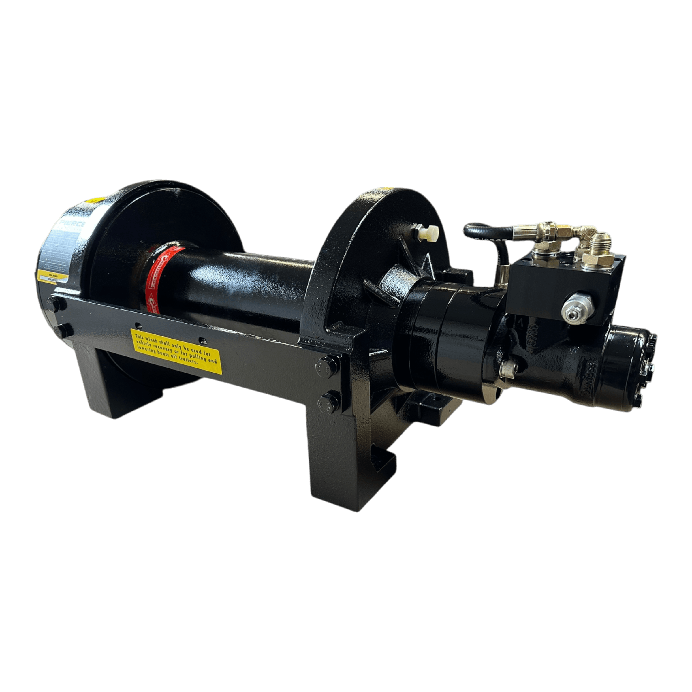 The 20,000 lb Hydraulic Recovery Winch with a Long Drum and Manual Clutch by PIERCE, featuring cylindrical components and hydraulic fittings alongside a load-holding cone brake, rests against a black background.