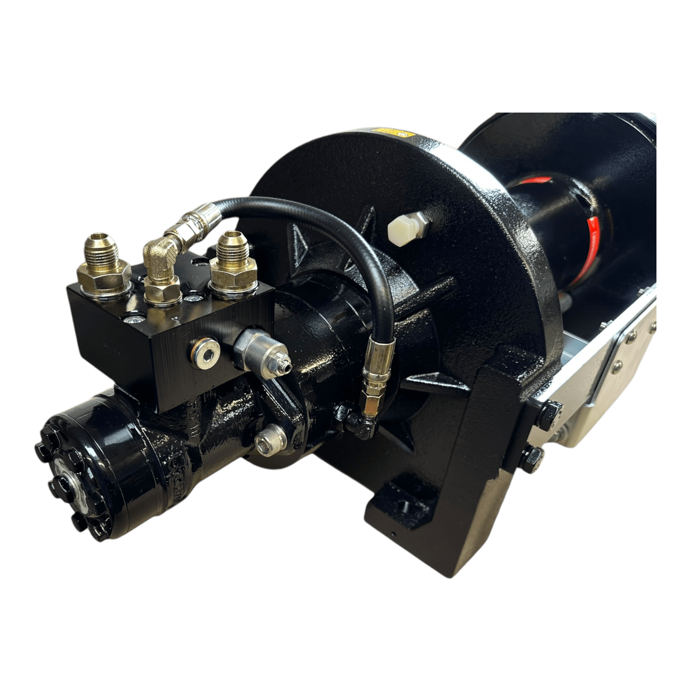 Close-up of a PIERCE 20,000 lb Hydraulic Recovery Winch with a long drum and manual clutch, featuring tubes and fittings against a plain black background. This intricate setup integrates precision engineering with its load-holding cone brake.