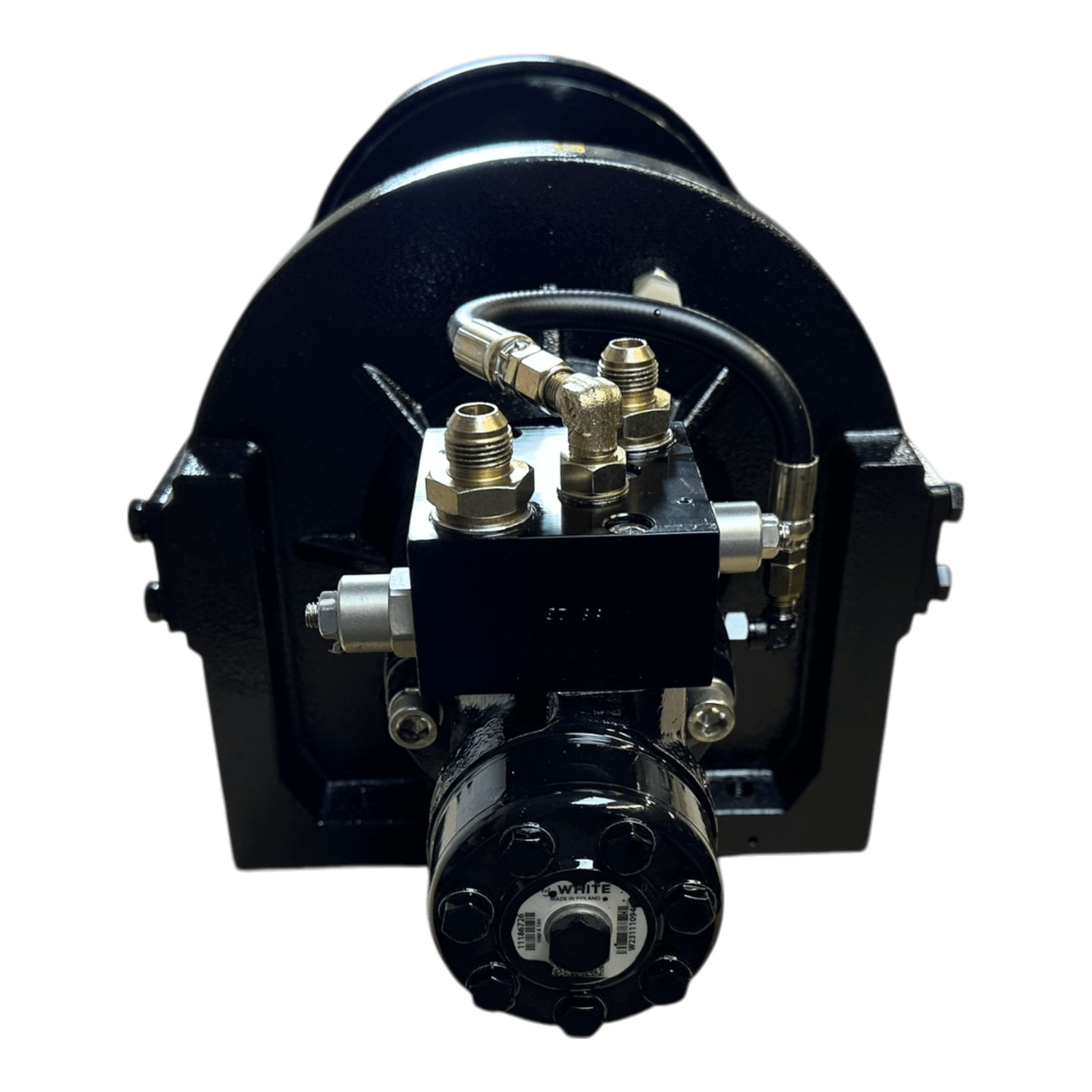 Front view of a PIERCE 20,000 lb hydraulic recovery winch with a long drum and manual clutch, showcasing black industrial design with metal fittings and connectors, and featuring a load-holding cone brake for enhanced safety.
