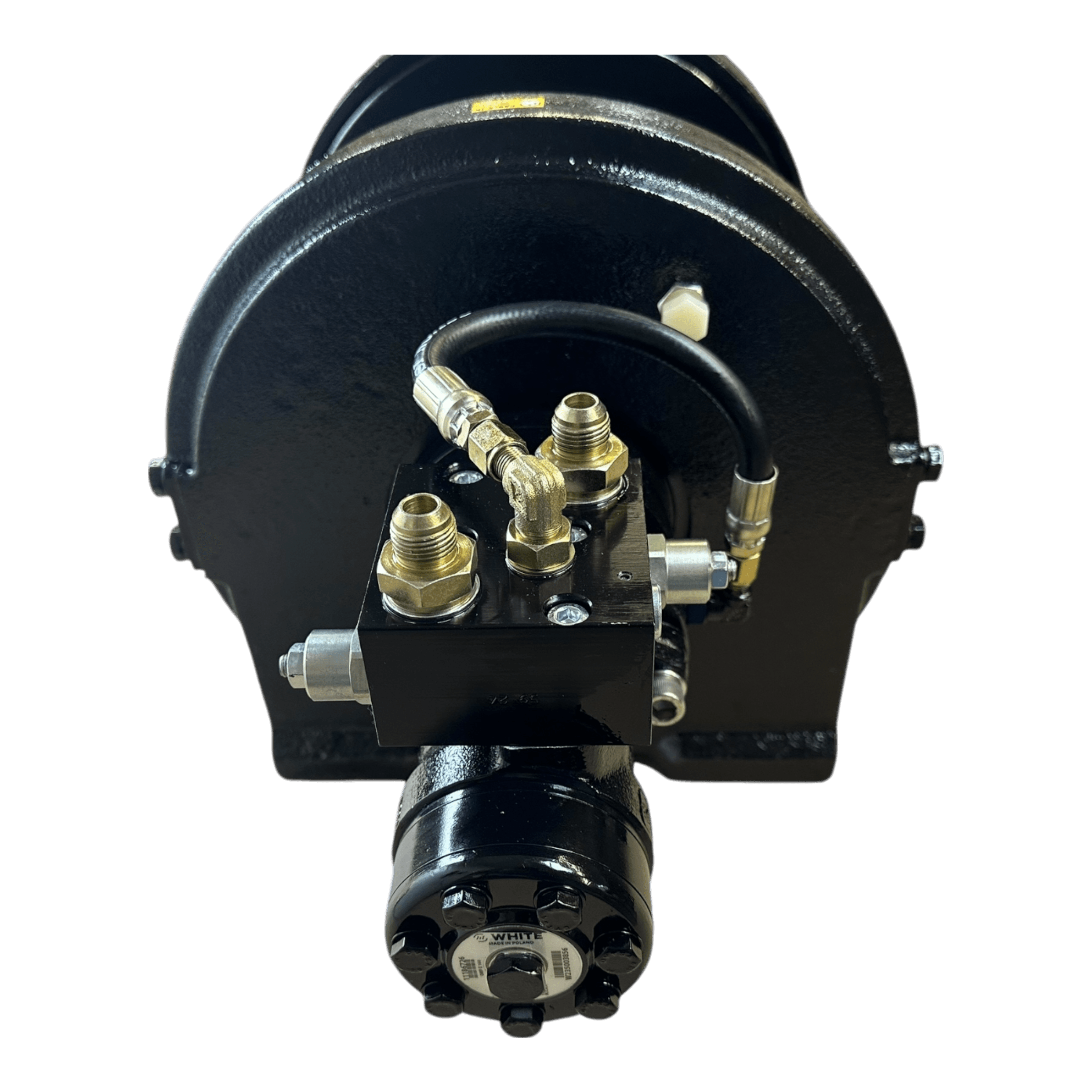 The PIERCE 20,000 lb Hydraulic Recovery Winch with a long drum and manual clutch features a black industrial design with brass fittings and hoses, a load-holding cone brake, and is mounted on a base against a black background.
