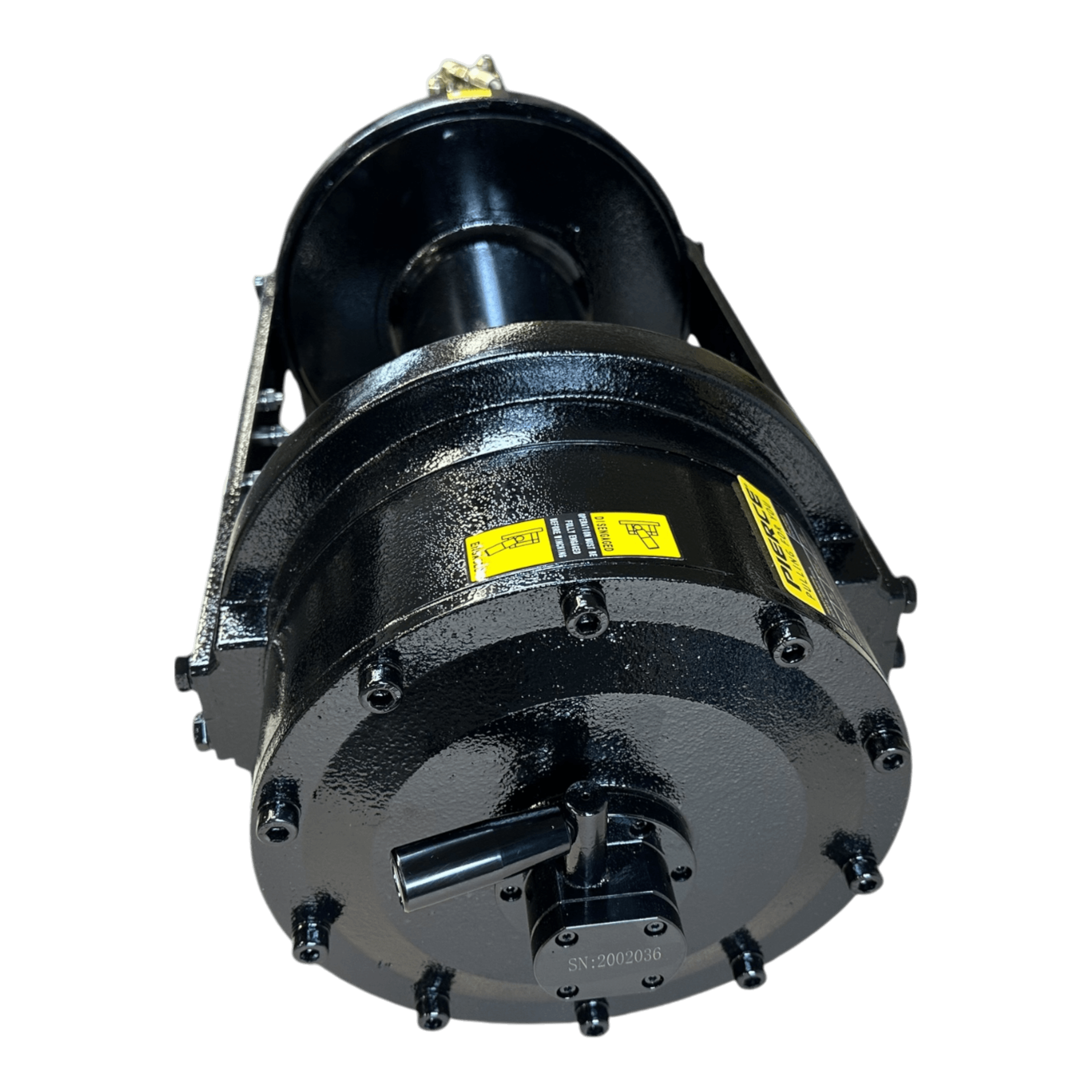 PIERCE's 20,000 lb Hydraulic Recovery Winch with a Long Drum and Manual Clutch, showcasing yellow labels and a load-holding cone brake, set against a black background.