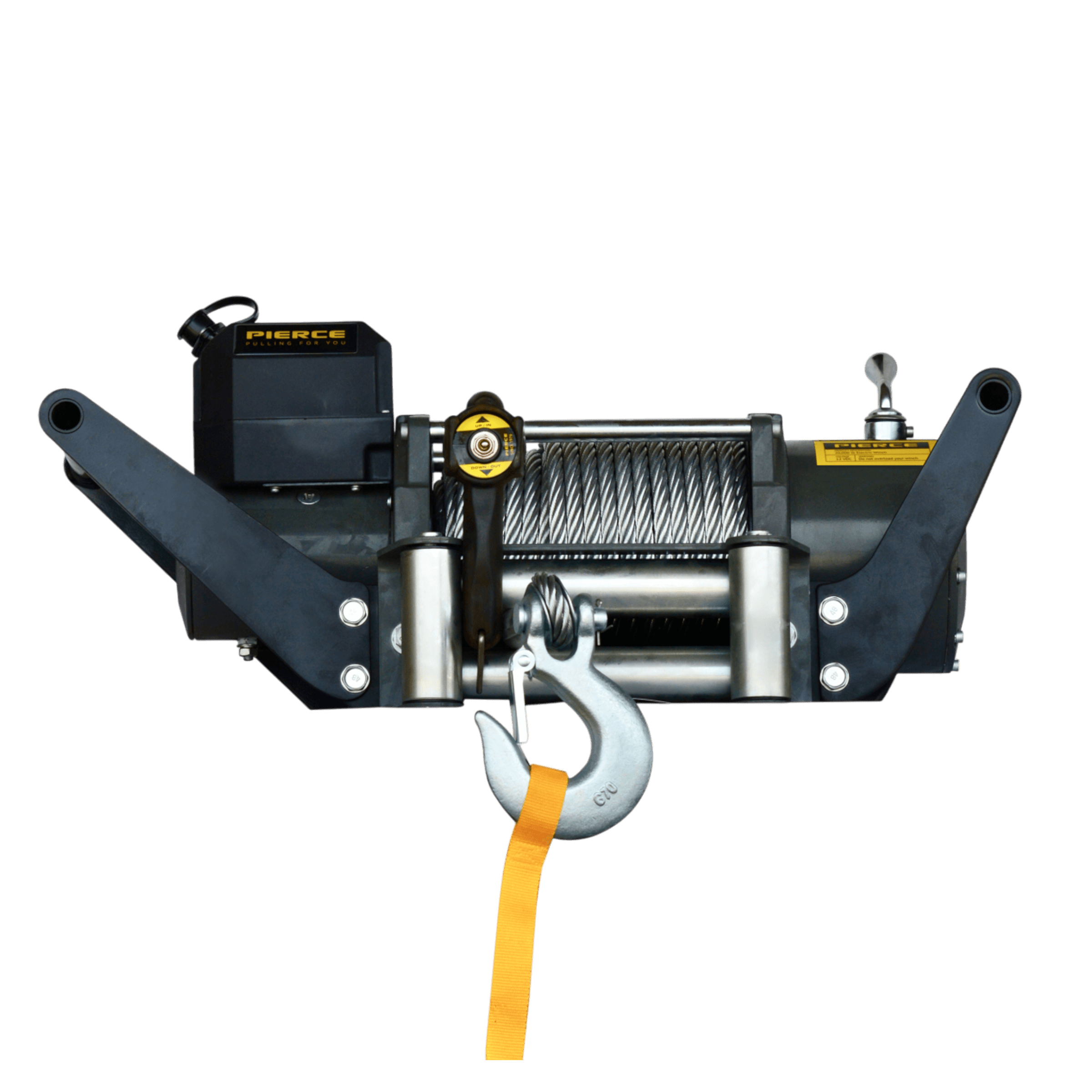 Introducing the 20,000 lb Recovery Winch by PIERCE, a heavy-duty black and silver marvel crafted for off-roading adventures. Equipped with a yellow strap and large metal hook, it sits against a sleek black background, ready to conquer the toughest terrains with unmatched strength.