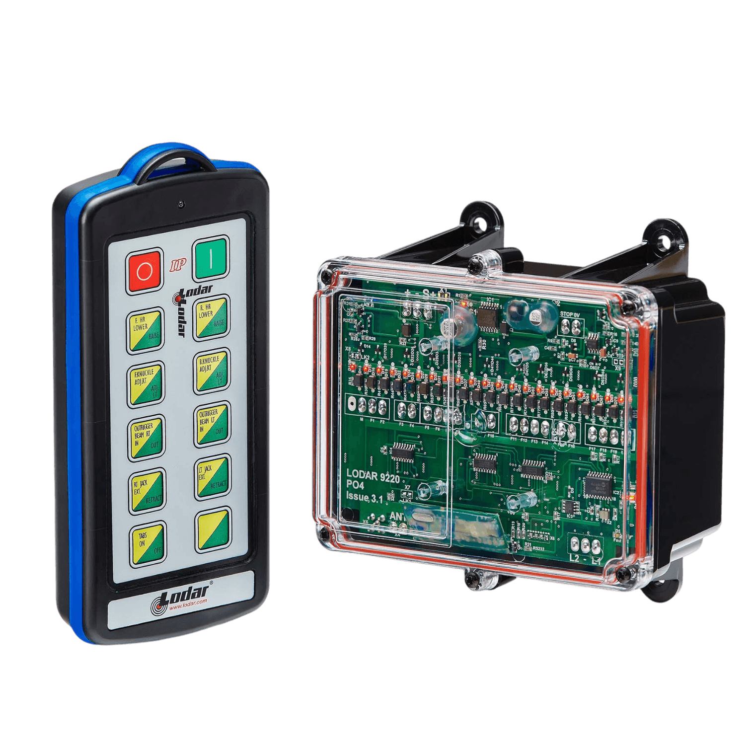 The 20 Function IP SHIFT Wireless Control System by Lodar LTD, part of the 92 Series with a FET Receiver, boasts a transparent electronic circuit board and a 10-button controller against a sleek black background.