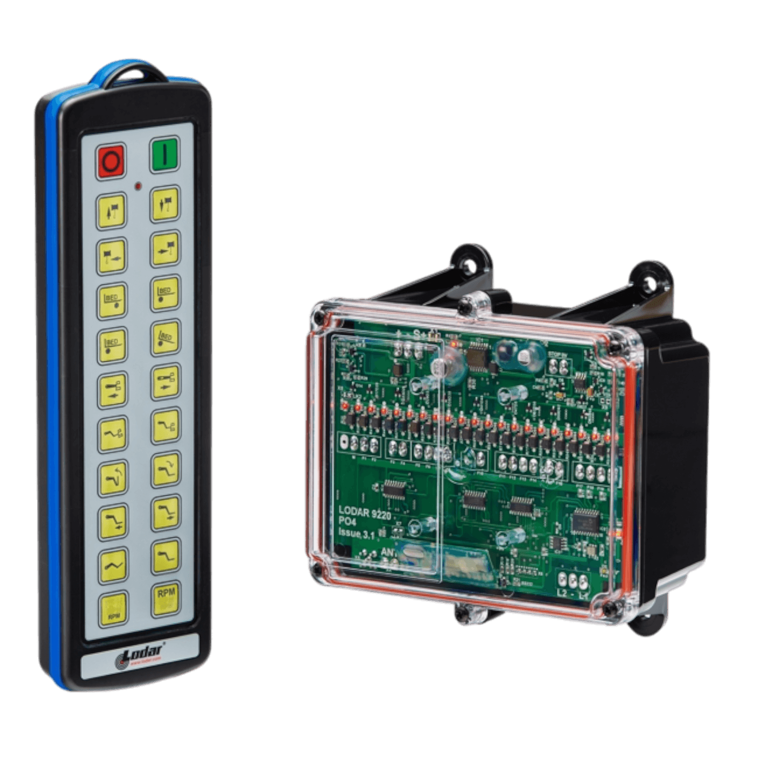 A remote control from Lodar LTD, featuring a transparent electronic circuit board with visible components, offers 20 functions and is ideal for integration within the 92 Series of industrial wireless control systems.