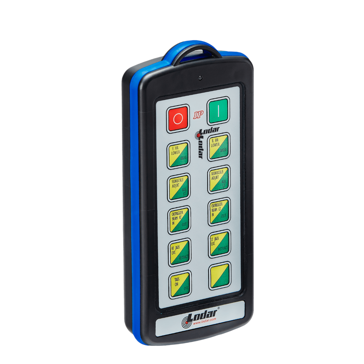 The 20 Function Lodar Replacement IP SHIFT Transmitter from the 9000 Series by Lodar LTD is equipped with ten yellow buttons, along with a red stop button and a green start button. It is engineered to optimize firmware efficiency, guaranteeing reliable performance with every use.