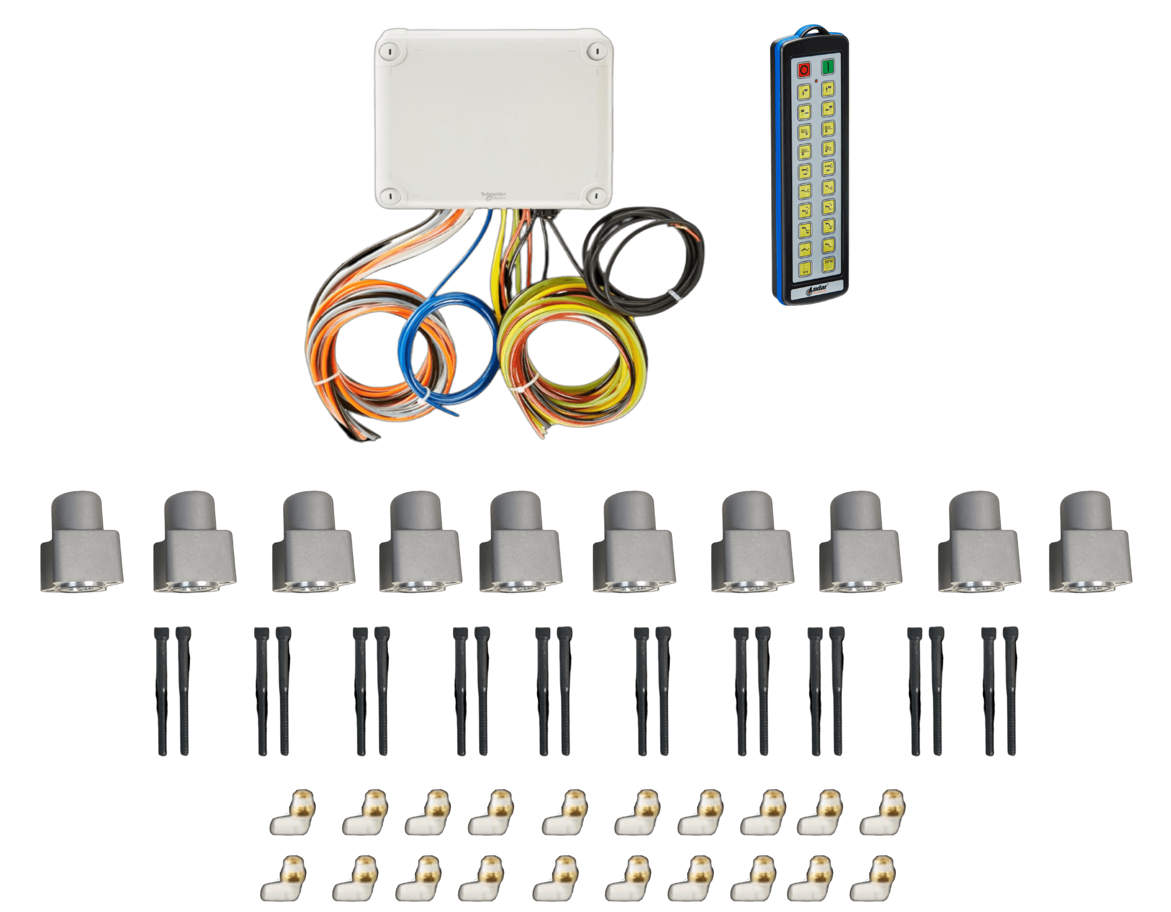 PIERCE 20 Function Direct Mount Wireless Air System – Miller (Gresen Valves) shown with control unit, remote, sensors, wiring, clips, and connectors—works with wrecker wireless control systems for advanced capability.