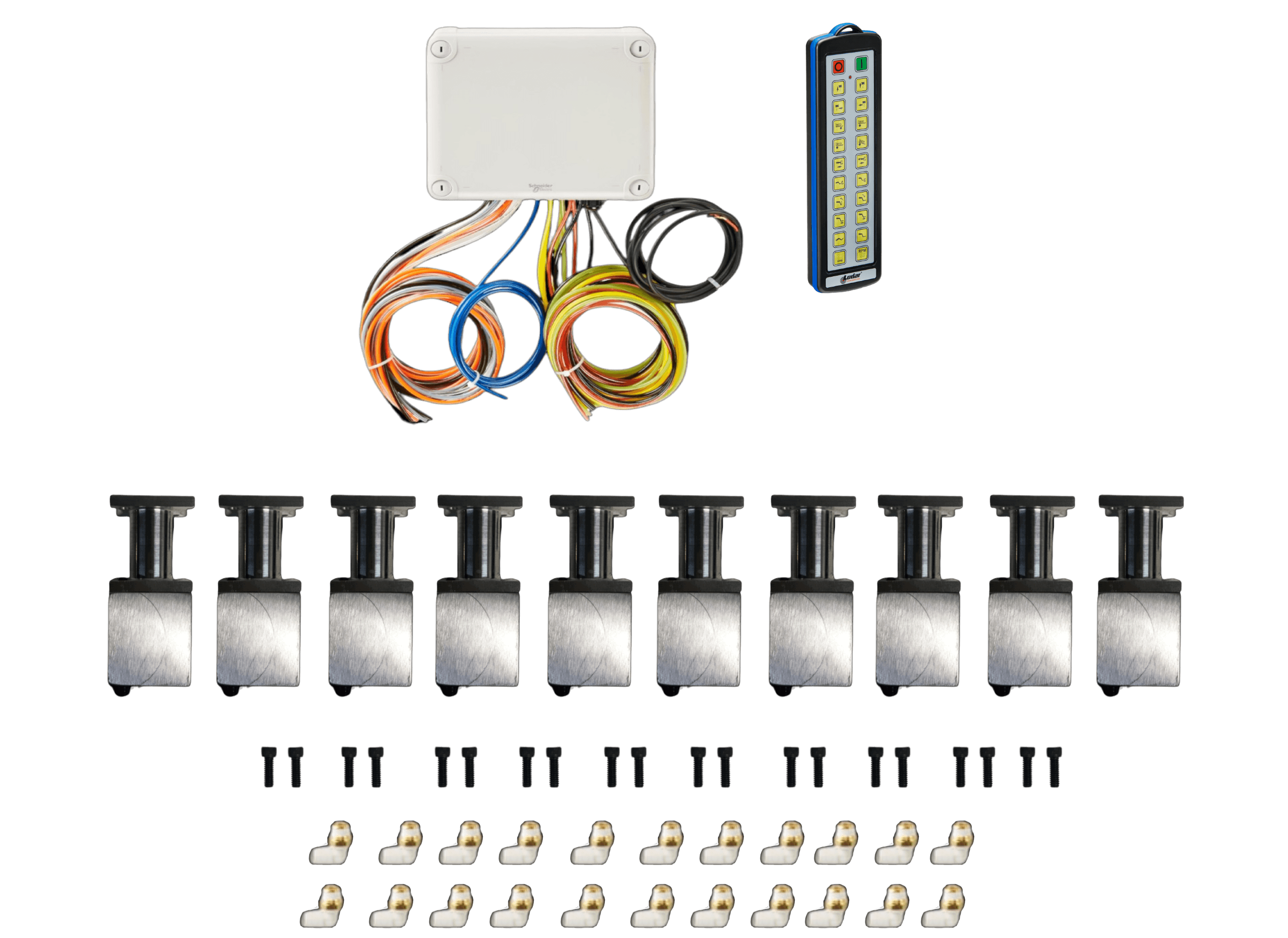 The PIERCE 20 Function Direct Mount Wireless Air System for Jerr-Dan (Husco Valves) includes remote control, locks, screws, wire harnesses, Husco valves, bolt-on actuator, and metal actuators.