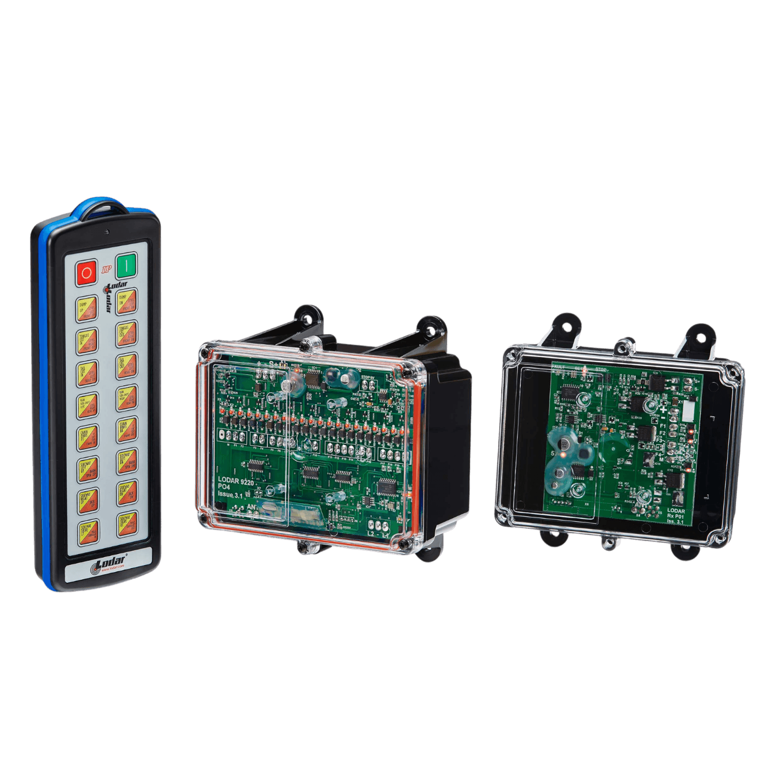 A 22 Function IP SHIFT Wireless Control System and two electronic circuit boards with transparent casings, highlighting its intuitive design. The enhanced firmware efficiency optimizes performance, seamlessly integrating with the Lodar LTD's 92 Series FET Receiver for superior control.