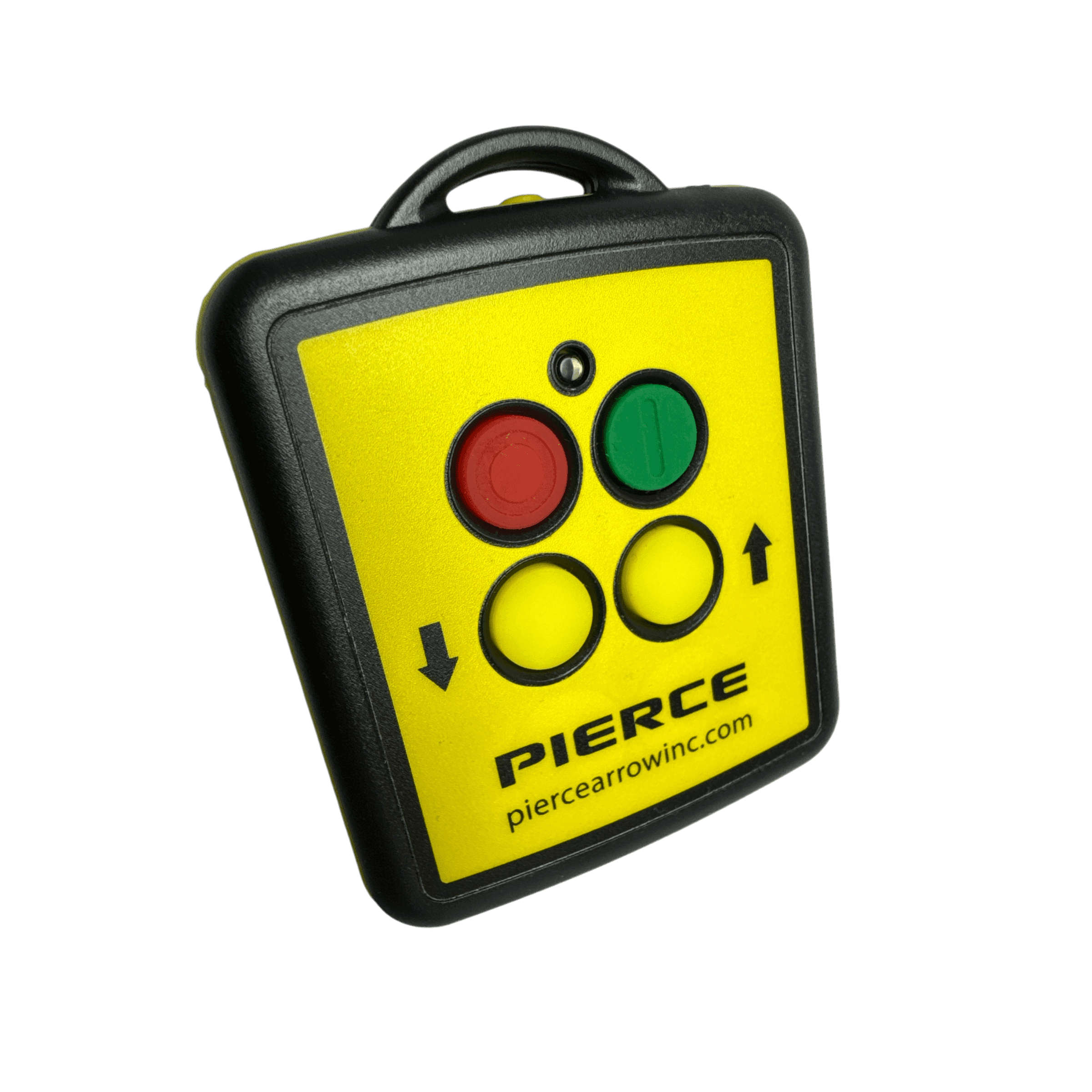 The 2F Wireless Remote Transmitter by PIERCE is a yellow remote control featuring red and green buttons, and offers a range of 150 ft, making it an excellent choice for wireless operation.