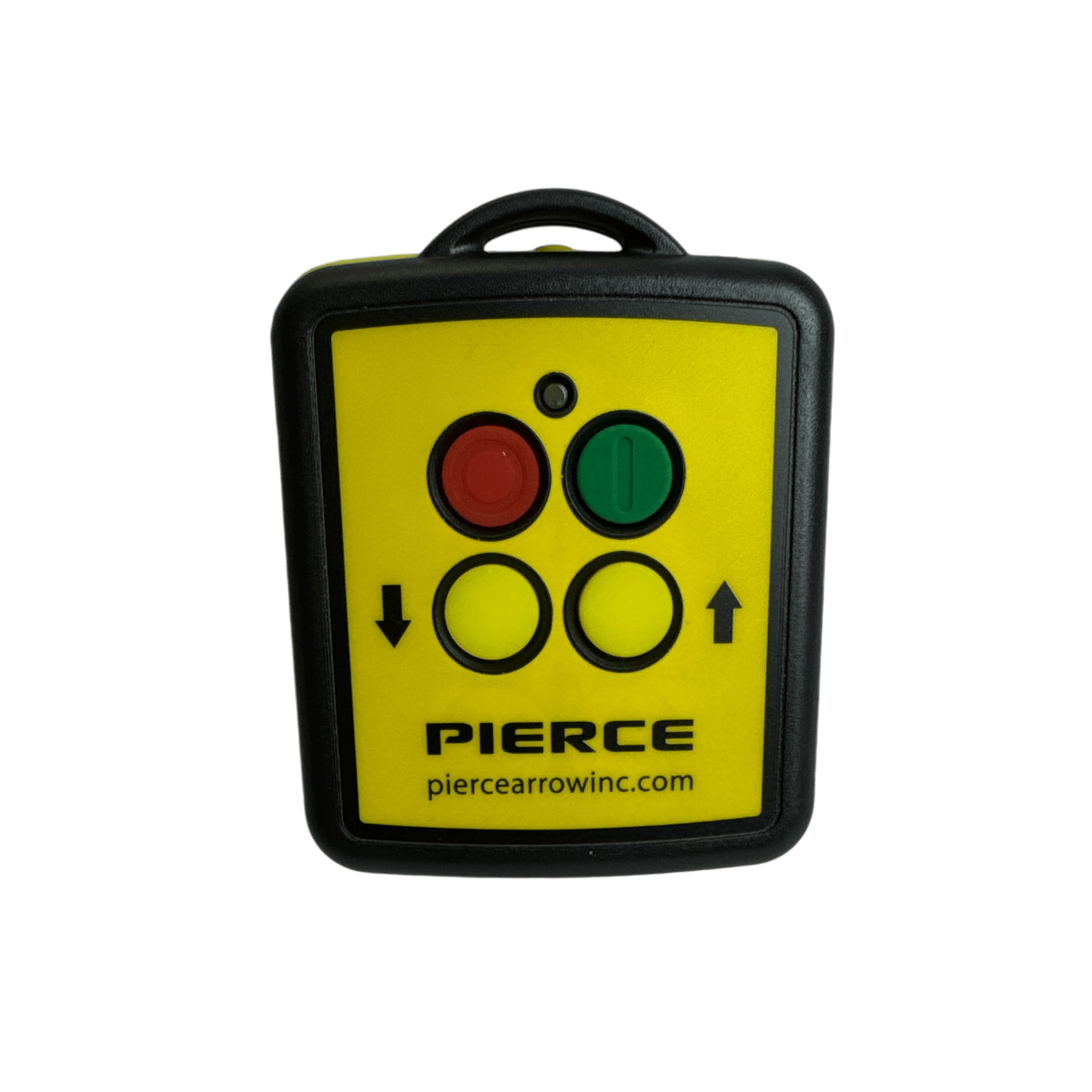 The 2F Wireless Remote Transmitter by PIERCE features a yellow design with red and green buttons, arrow symbols, and is part of the PS002 series. It offers a wireless range of 150 ft.