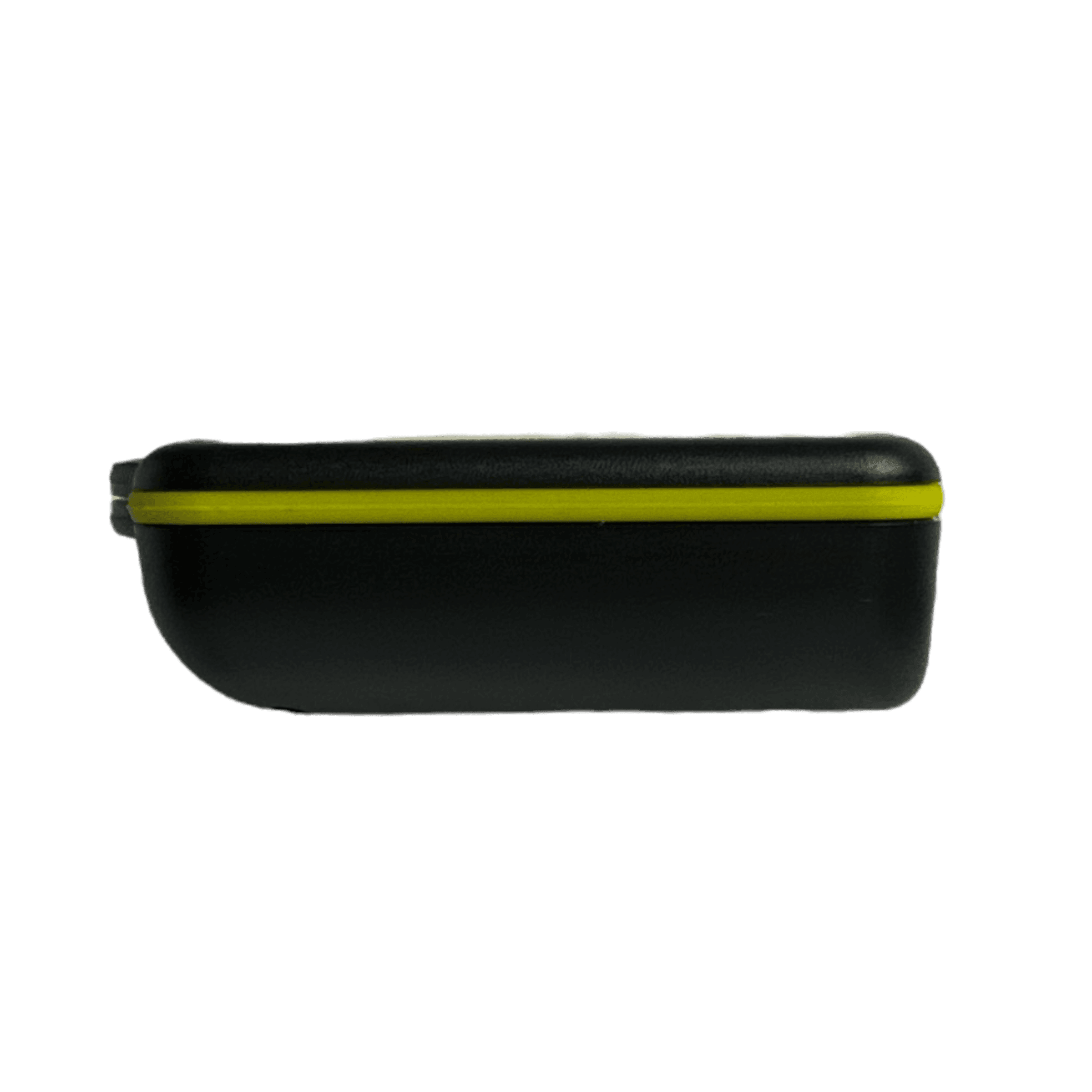 A sleek black and yellow rectangular case with a latch, viewed from the side, designed to house solenoid-operated equipment, ensuring seamless integration with your PIERCE 2 Function Wireless Remote Control System operating at 433 MHz.