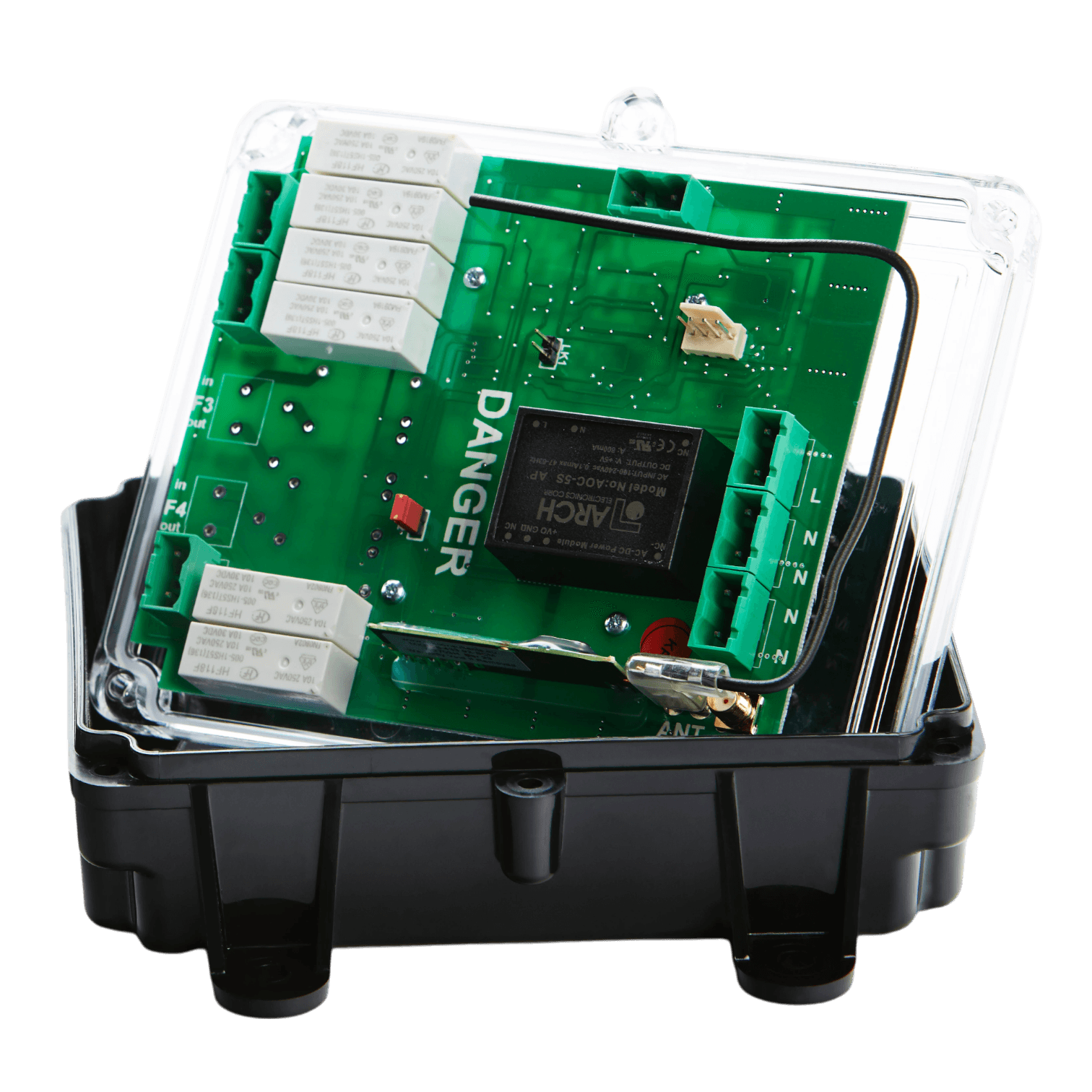 A clear-cased 2 Function 110V Replacement Relay Receiver from the Lodar LTD 96 Series sits on a black base, prominently labeled "Danger.