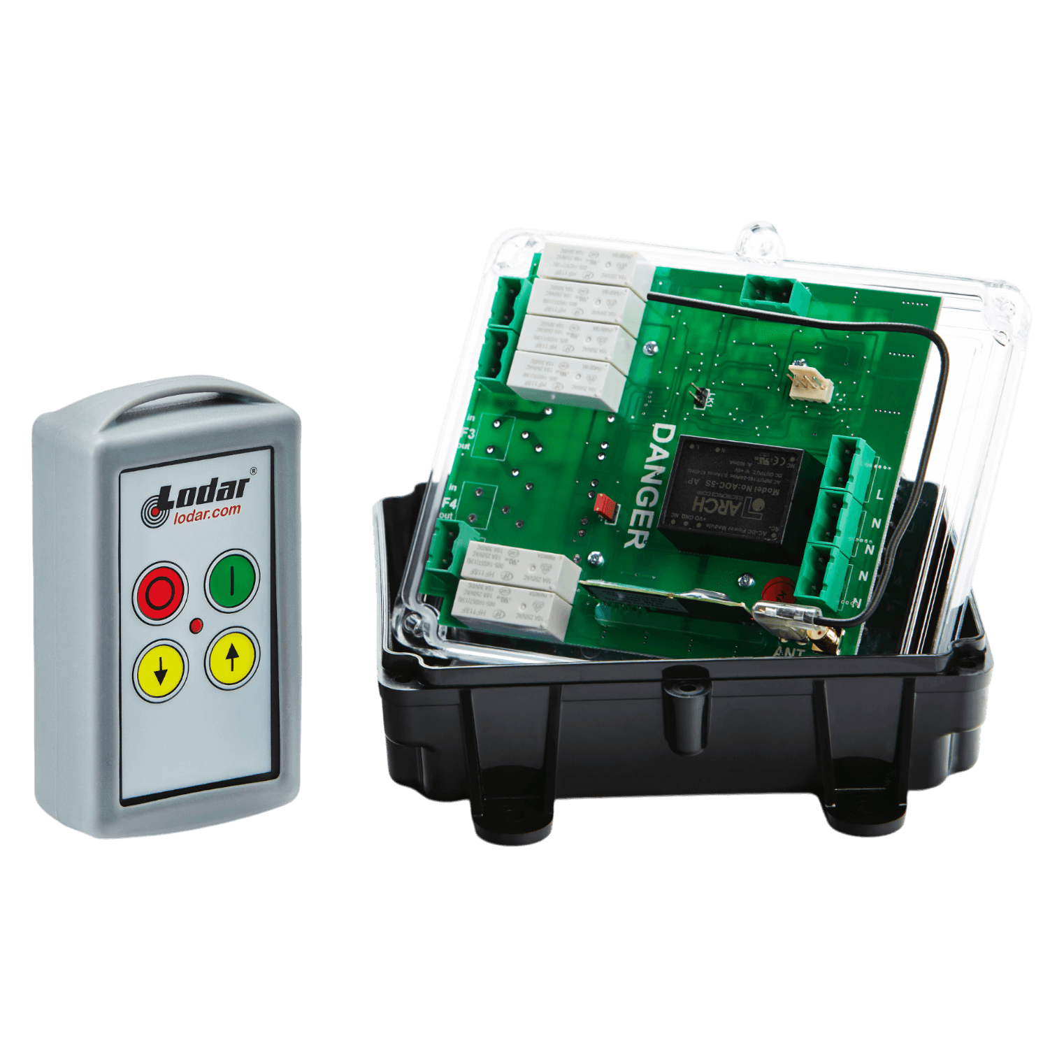 Introducing the 2 Function 110V Standard Wireless Control System by Lodar LTD, featuring a transparent circuit board case with visible green components, capable of handling up to 10 amps.