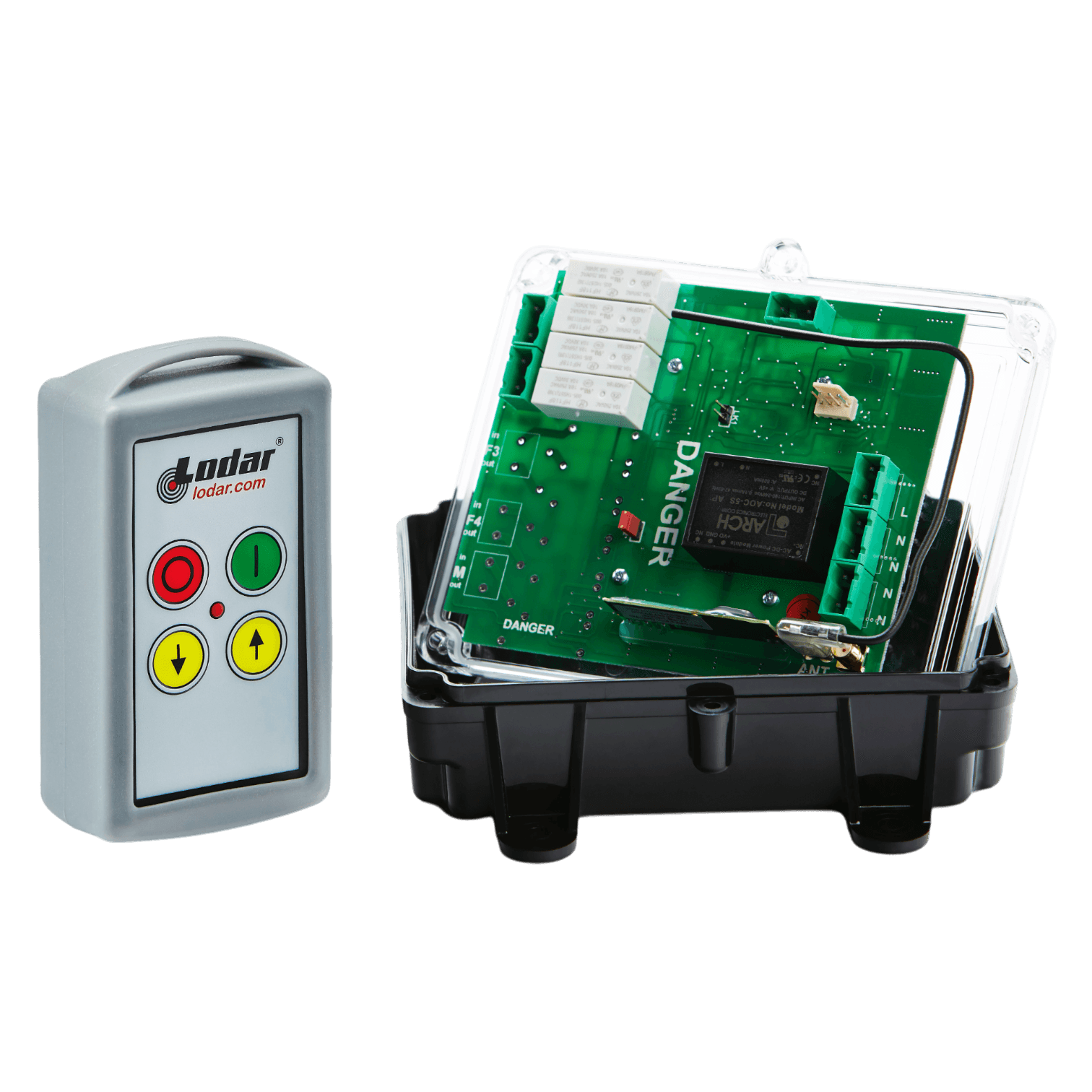 Introducing the Lodar LTD 2 Function 110V Standard Wireless Control System, part of the 96 Series. This relay receiver includes a remote control and features a "danger" labeled circuit board housed within a transparent cover.