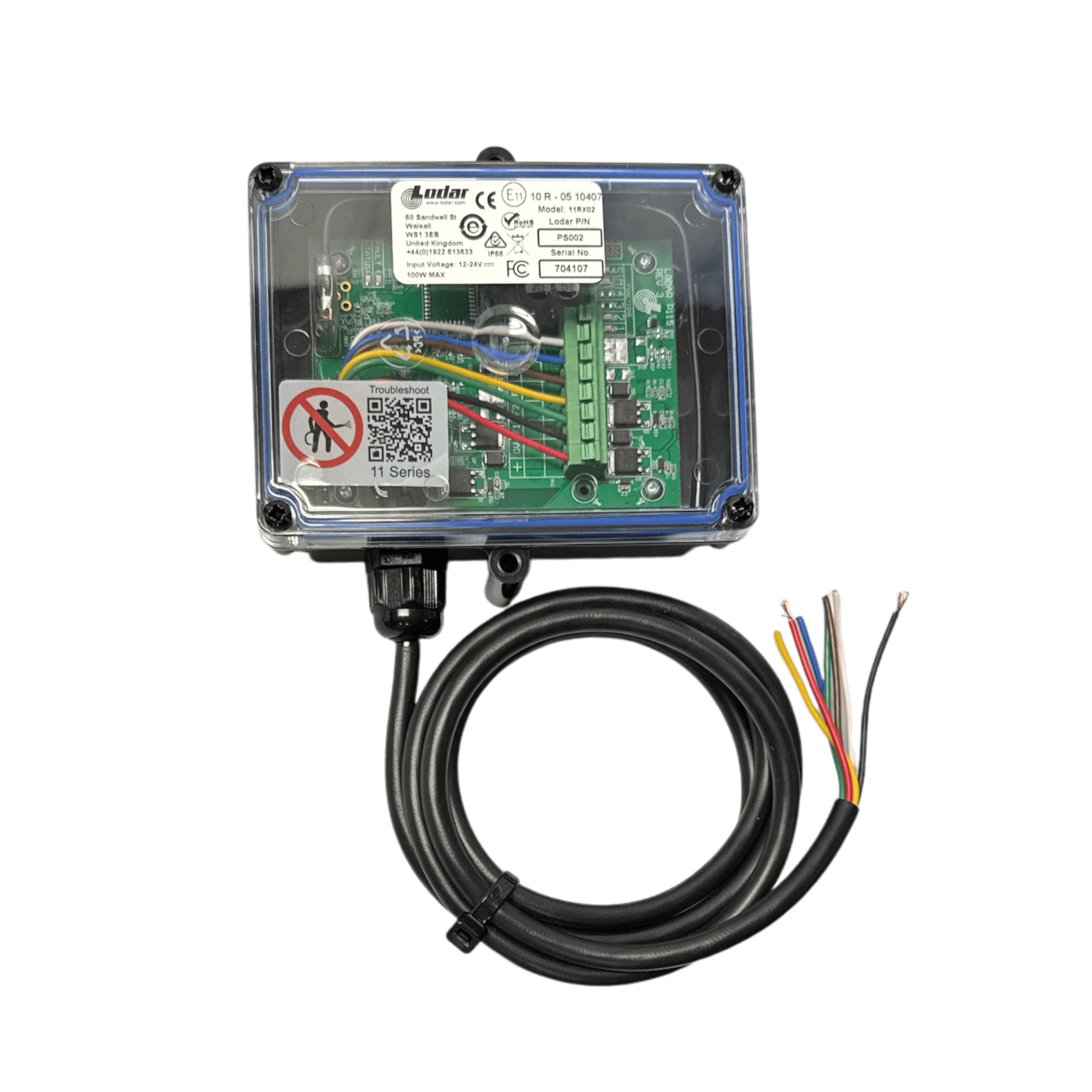 The PIERCE 2 Function 12/24V Replacement Receiver (PS Series) features a clear control box, exposed circuit board, black cable with colored wires, and IP67 rating—ideal for 12/24V applications.