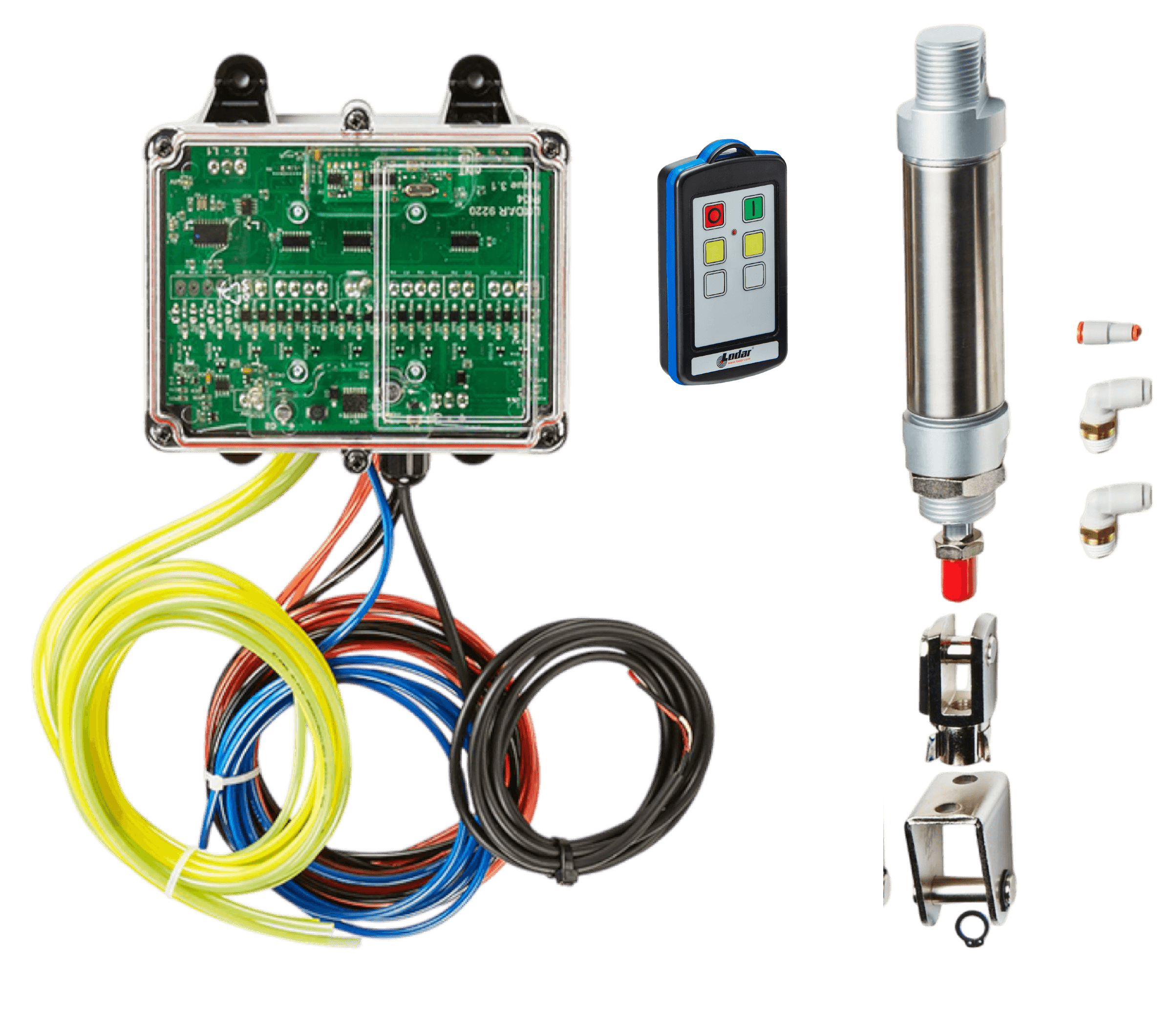 Lodar LTD 2 Function IP Wireless Actuator Control System (92 Series) with FET Air Receiver, including electronic control box, industrial handheld transmitter remote, pressure sensor, and assorted small plumbing fittings on a white background.
