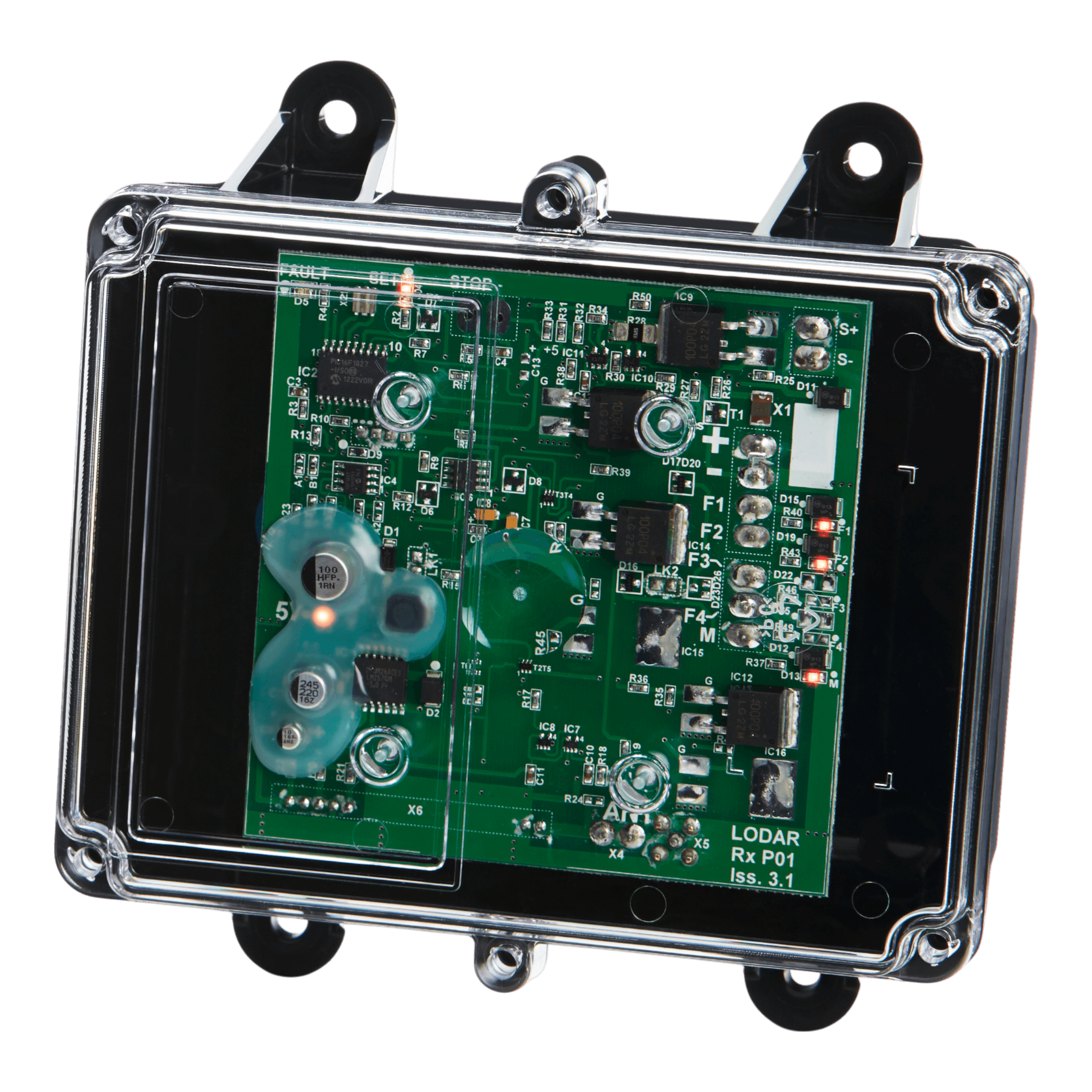 Close-up of a green circuit board from Lodar LTD's 2 Function Lodar Replacement FET Receiver | 92 Series, encased in a transparent plastic box with mounting holes, boasting an IP67 rating for optimal protection.