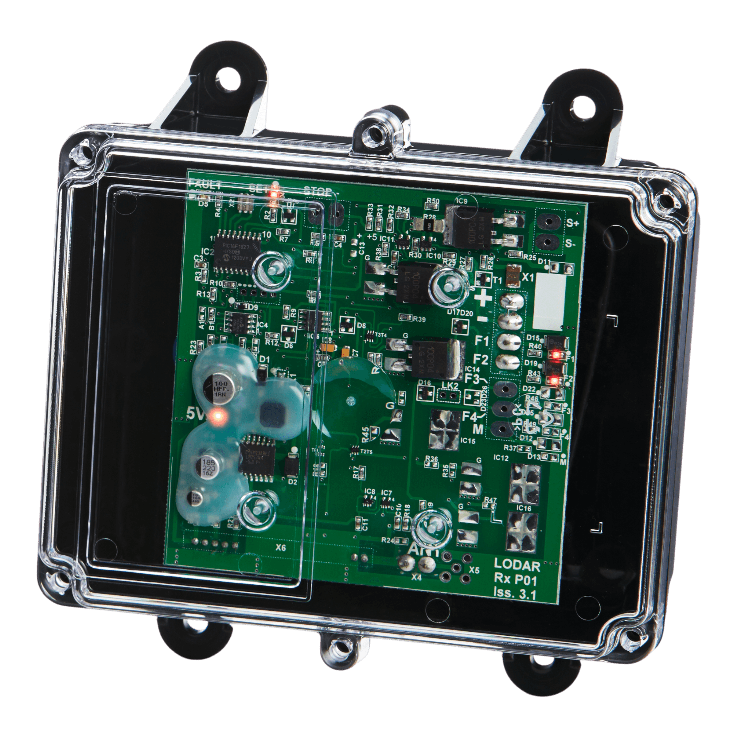The transparent plastic case elegantly reveals the 2 Function Lodar Replacement FET Receiver from the 92 Series, showcasing its visible components and connectors. Designed by Lodar LTD, it boasts an IP67 rating, ensuring robust protection against dust and water.