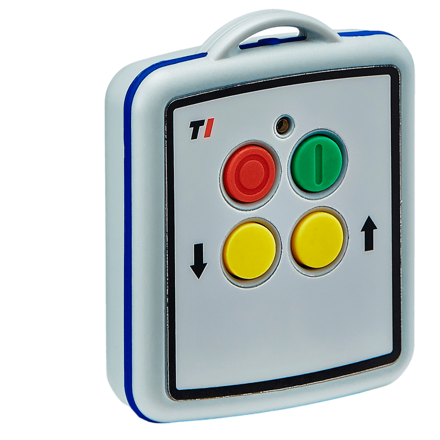A square mini wireless transmitter featuring colorful, round buttons: two yellow, one green, and one red, complemented by arrows on the panel. Part of the 2 Function Lodar Replacement Mini Transmitter from the 9000 Series by Lodar LTD.